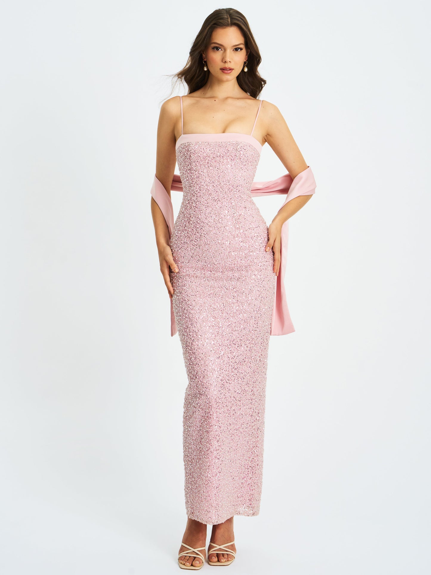 Raizel Pink Beaded Sequin Bodycon Gown with Scarf