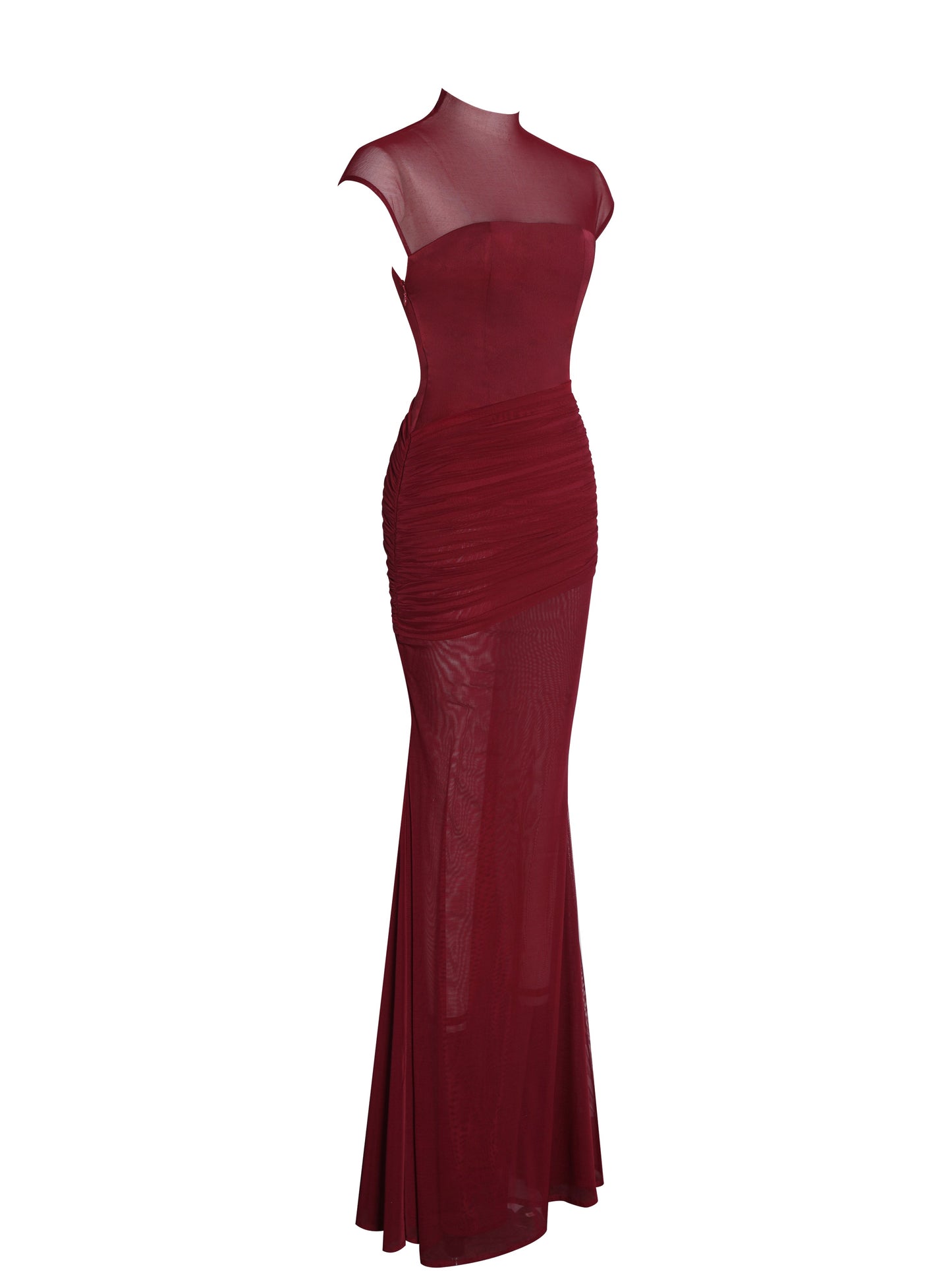 Fabienne Burgundy Mesh Cap Sleeve Mermaid Gown