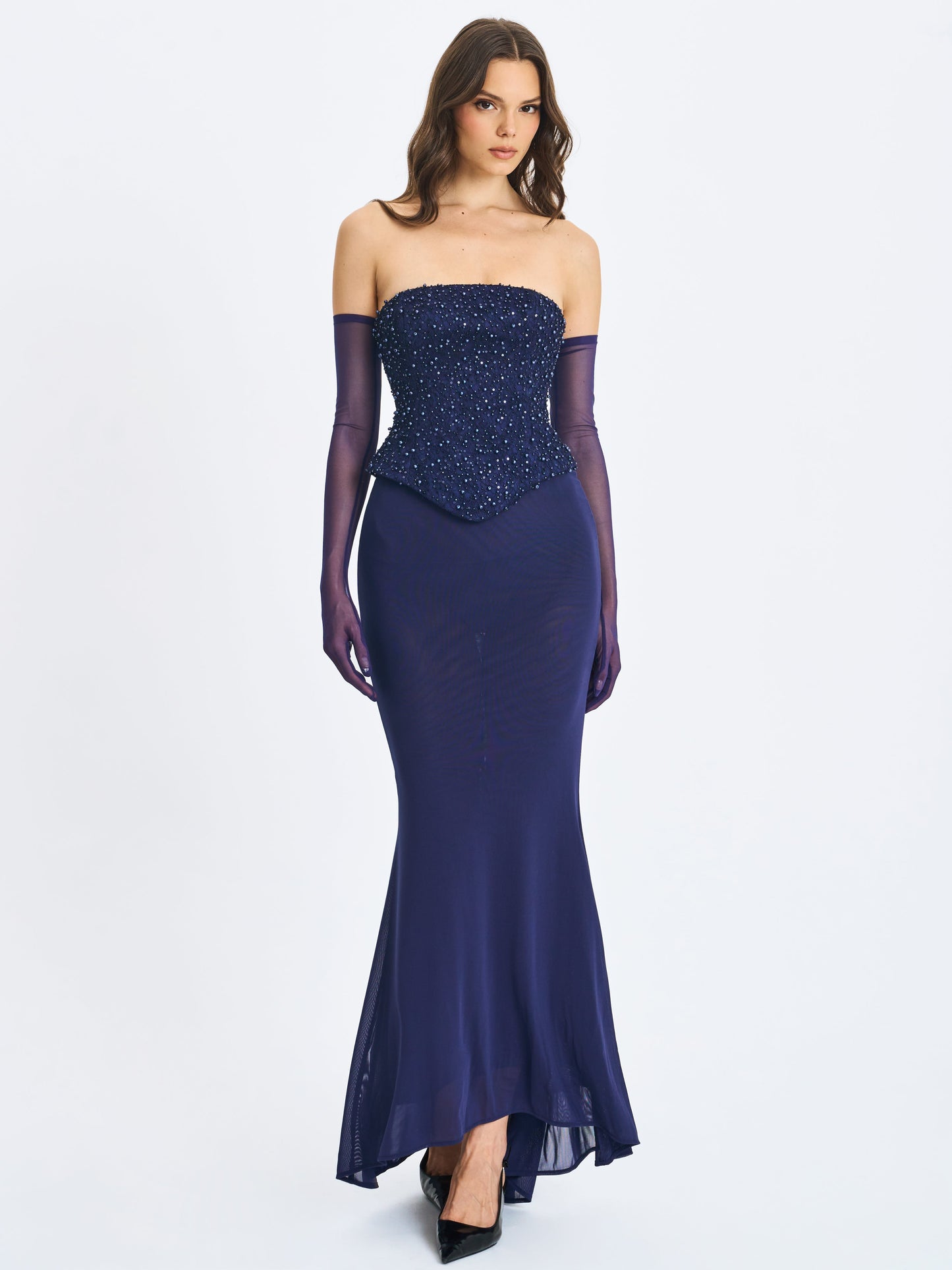 Orabelle Navy Beaded Peplum Mermaid Maxi Gown with Lace-up Back