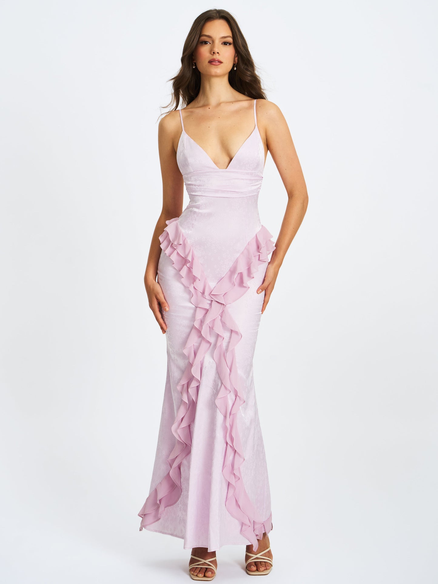 Paolina Taro Pink Jacquard Ruffle Mermaid Maxi Dress