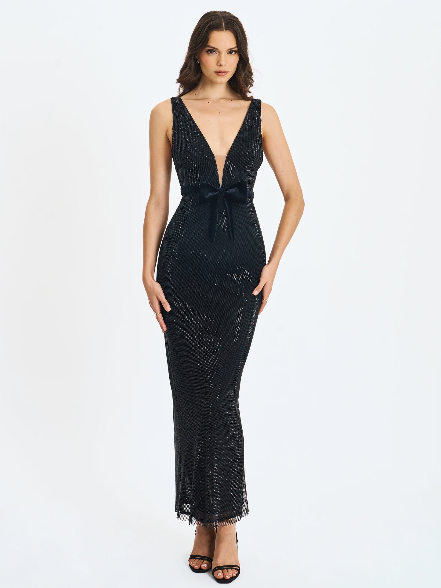 Olympia Black Belted Bow Plunging Rhinestone Maxi Dress