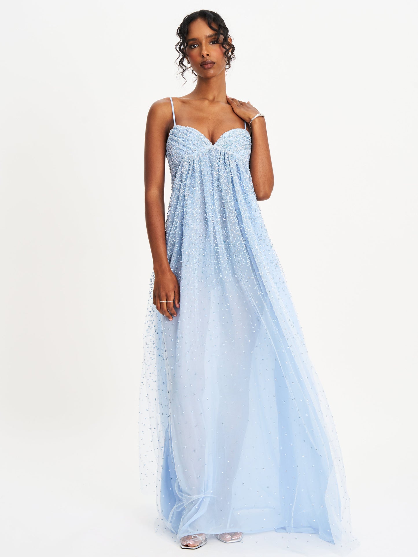 Wallie Baby Blue Rhinestone Embellished Mesh Backless Gown