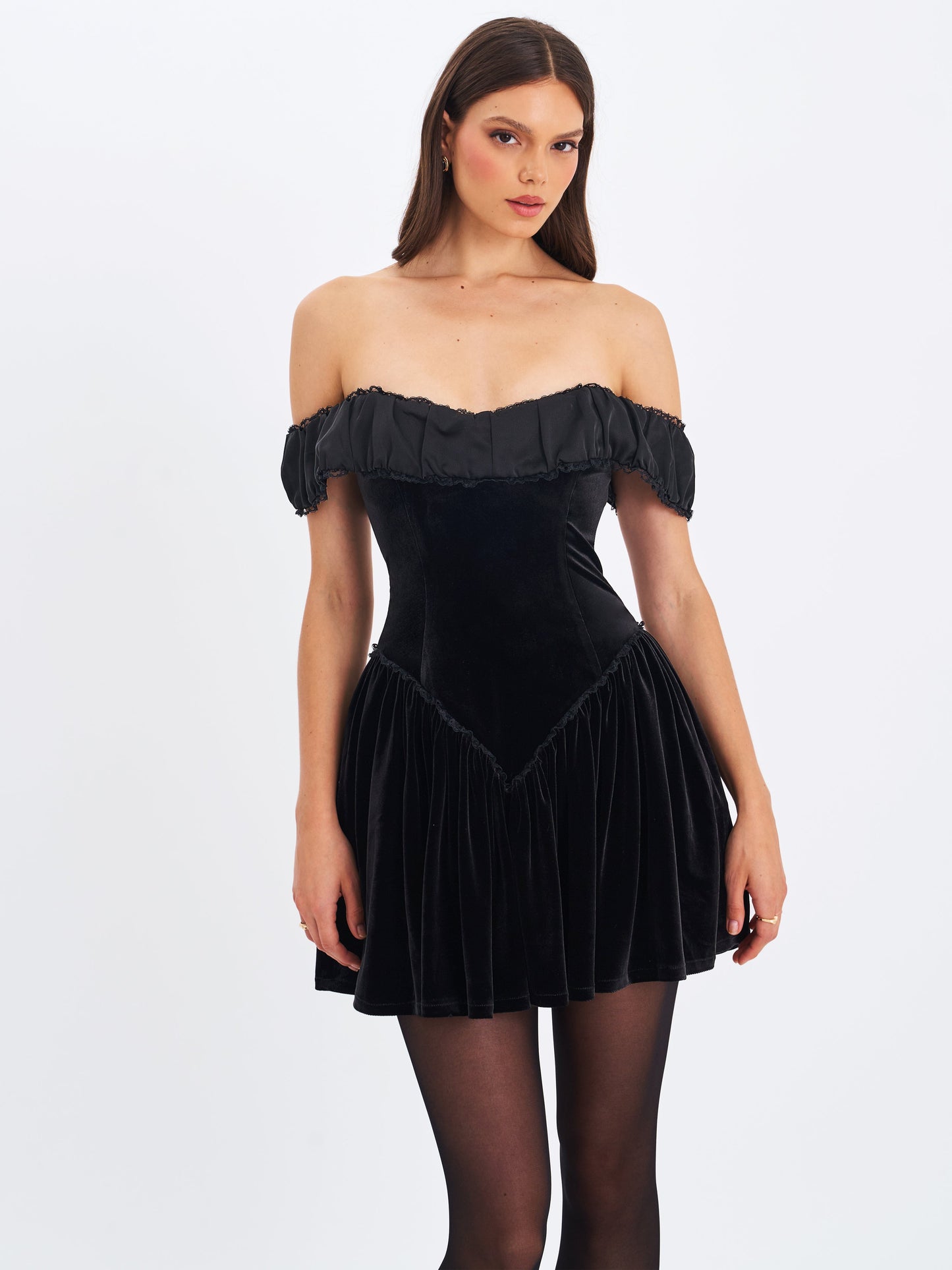 Daisha Black Lace Trimmed Off-Shoulder Ruched Mini Dress