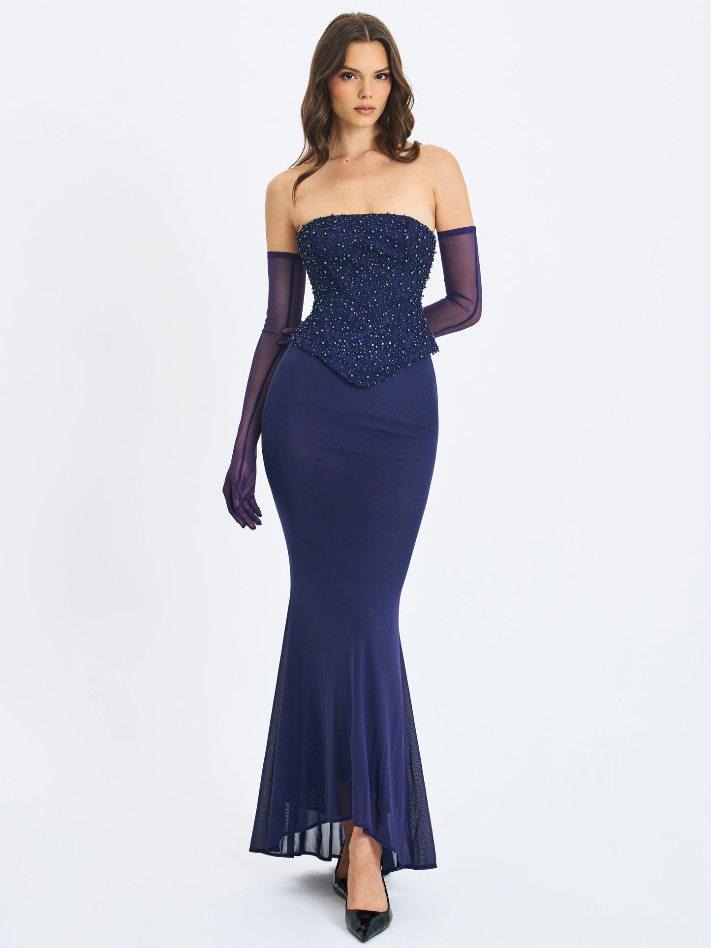 Orabelle Navy Beaded Peplum Mermaid Maxi Gown with Lace-up Back