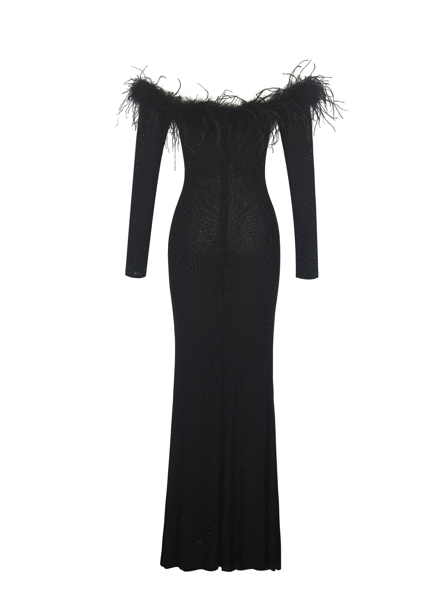 Emberly Black Fur Trimmed Off-Shoulder Rhinestone Mermaid Maxi Dress