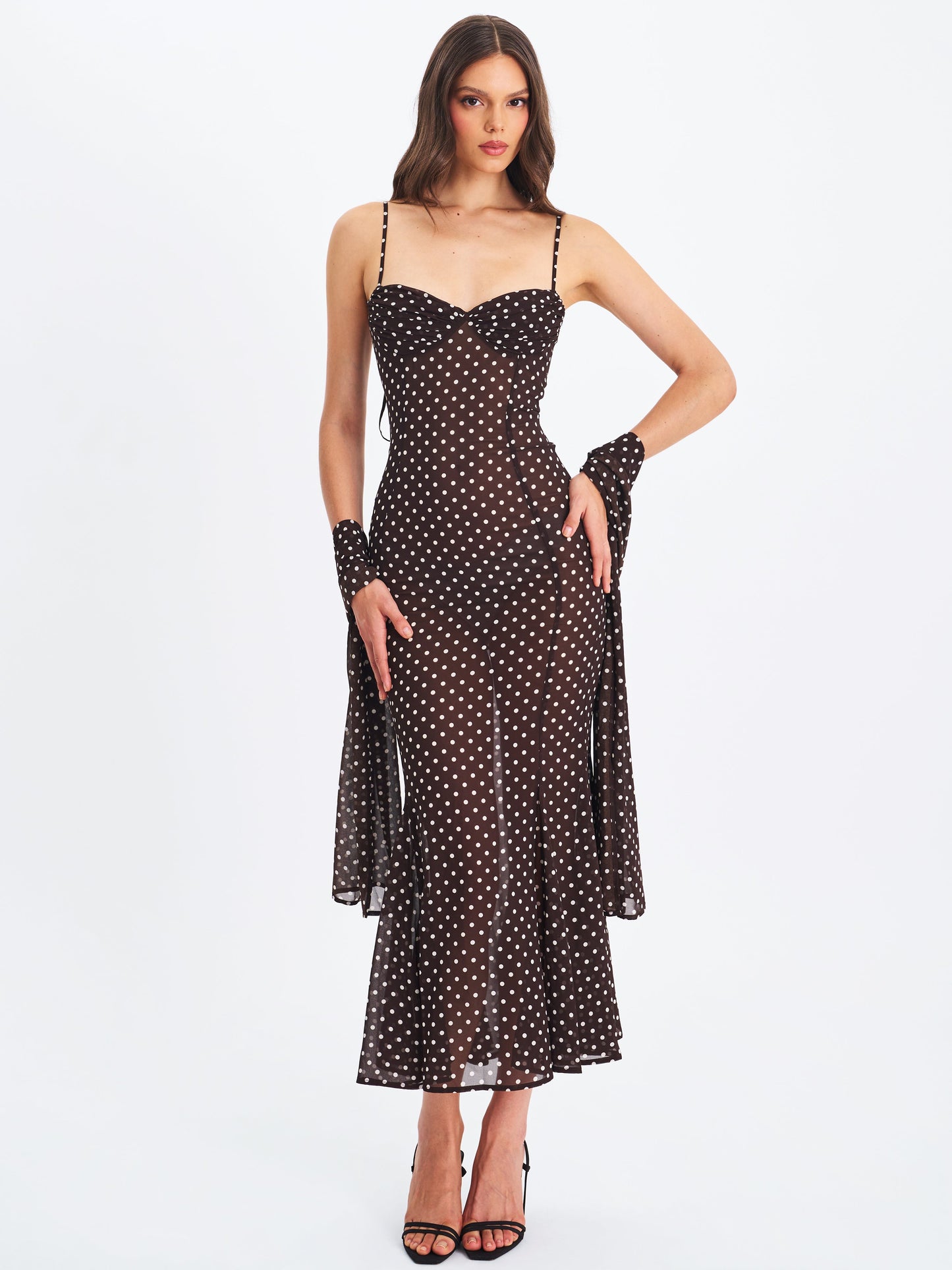 Yadira Brown Base Polka Dot Chiffon Maxi Dress