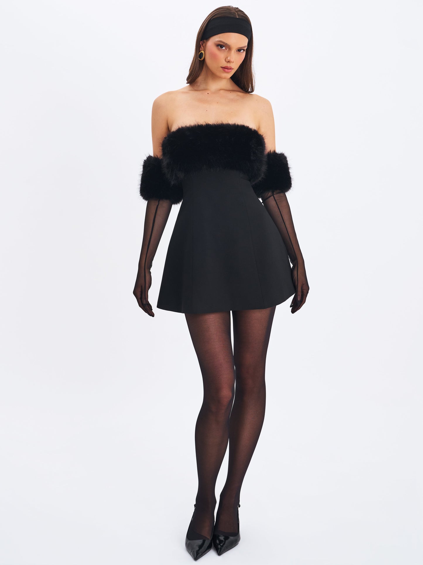 Evelyn Black Fur-Trimmed Mini A-Line Dress