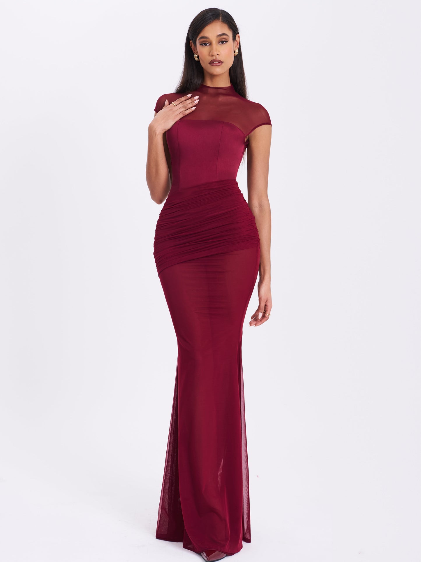 Fabienne Burgundy Mesh Cap Sleeve Mermaid Gown