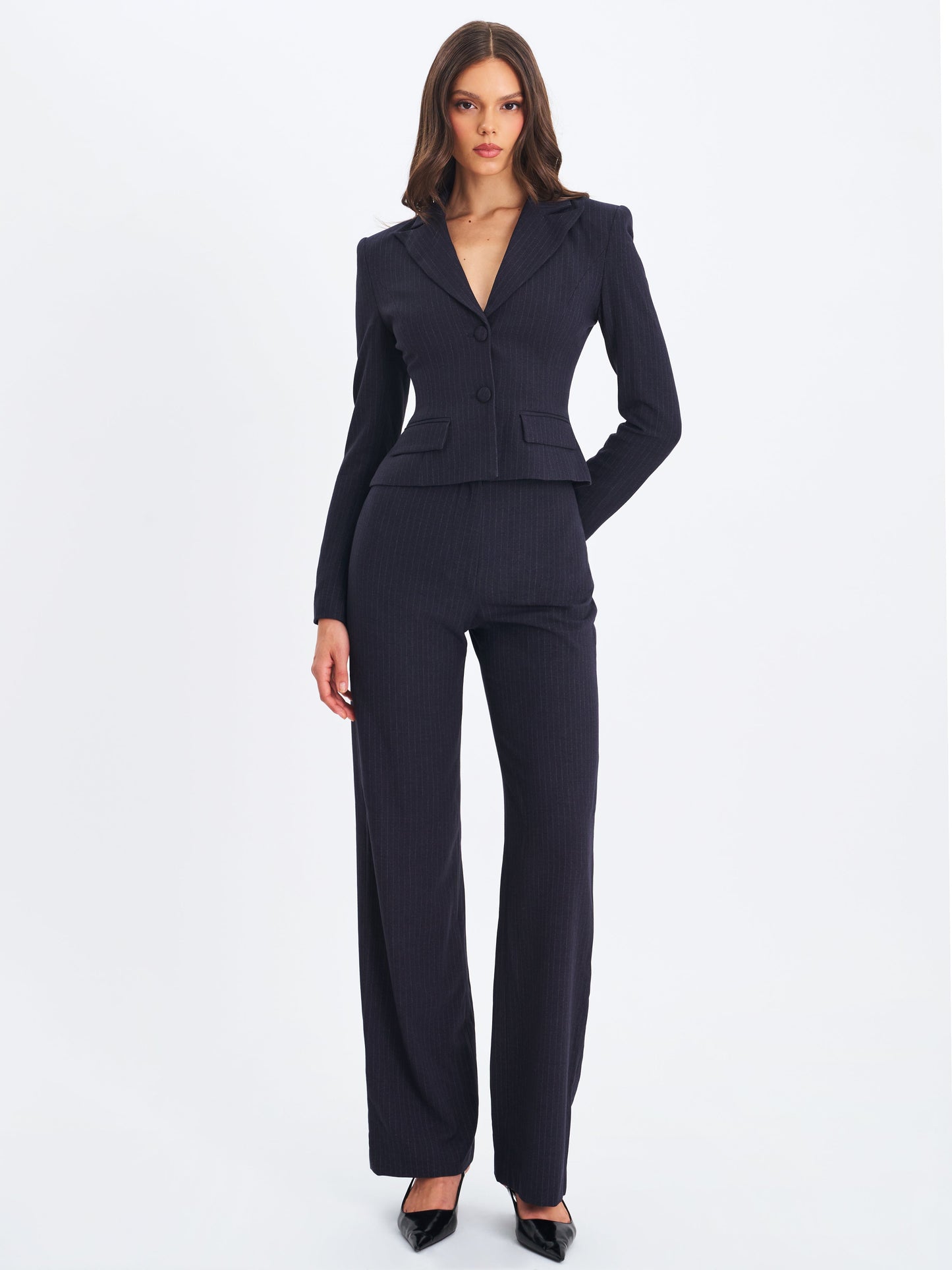 Quinnie Navy Striped High-Waisted Straight Leg Pants