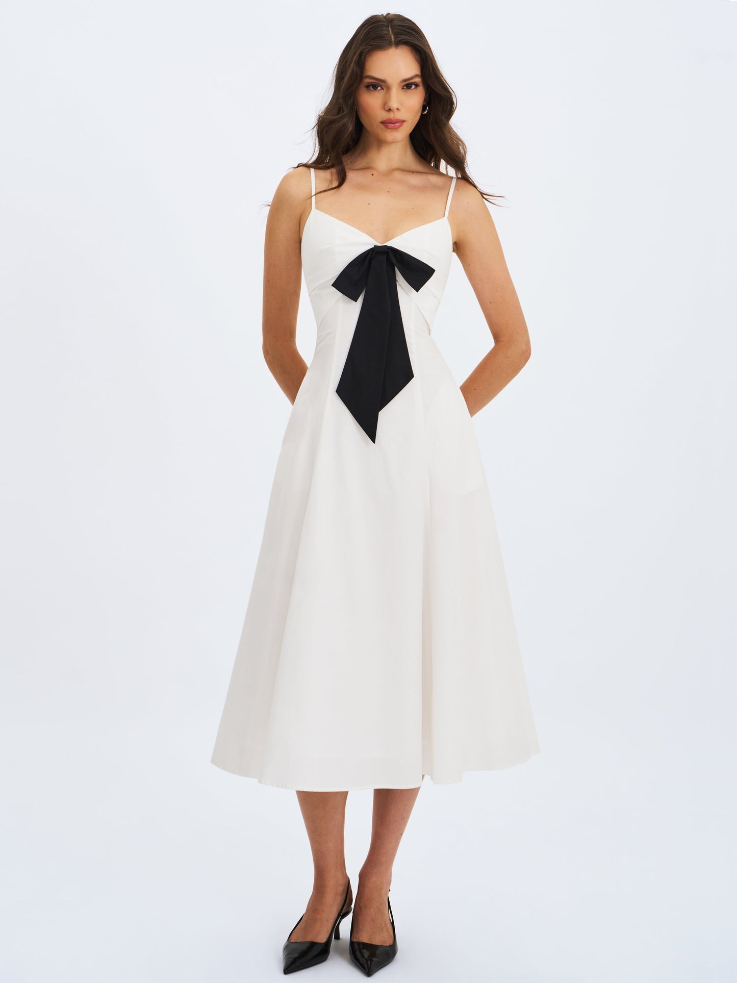 Corinne White Poplin Flared Midi Dress with Removable Bow