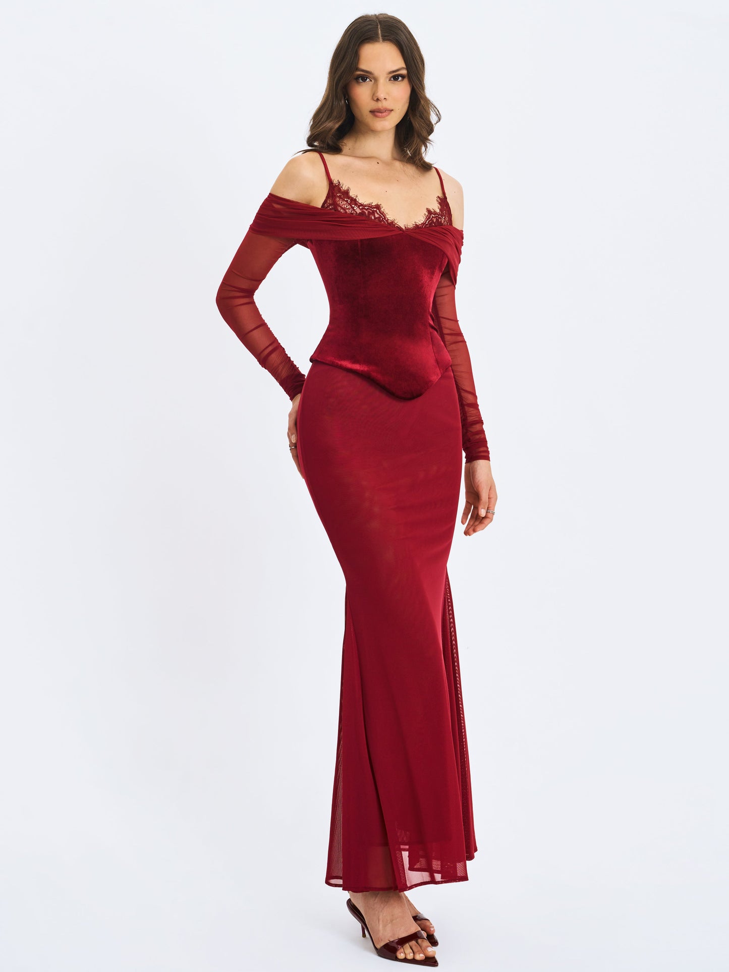 Maybelle Magenta Bardot Lace Strap Peplum Maxi Dress