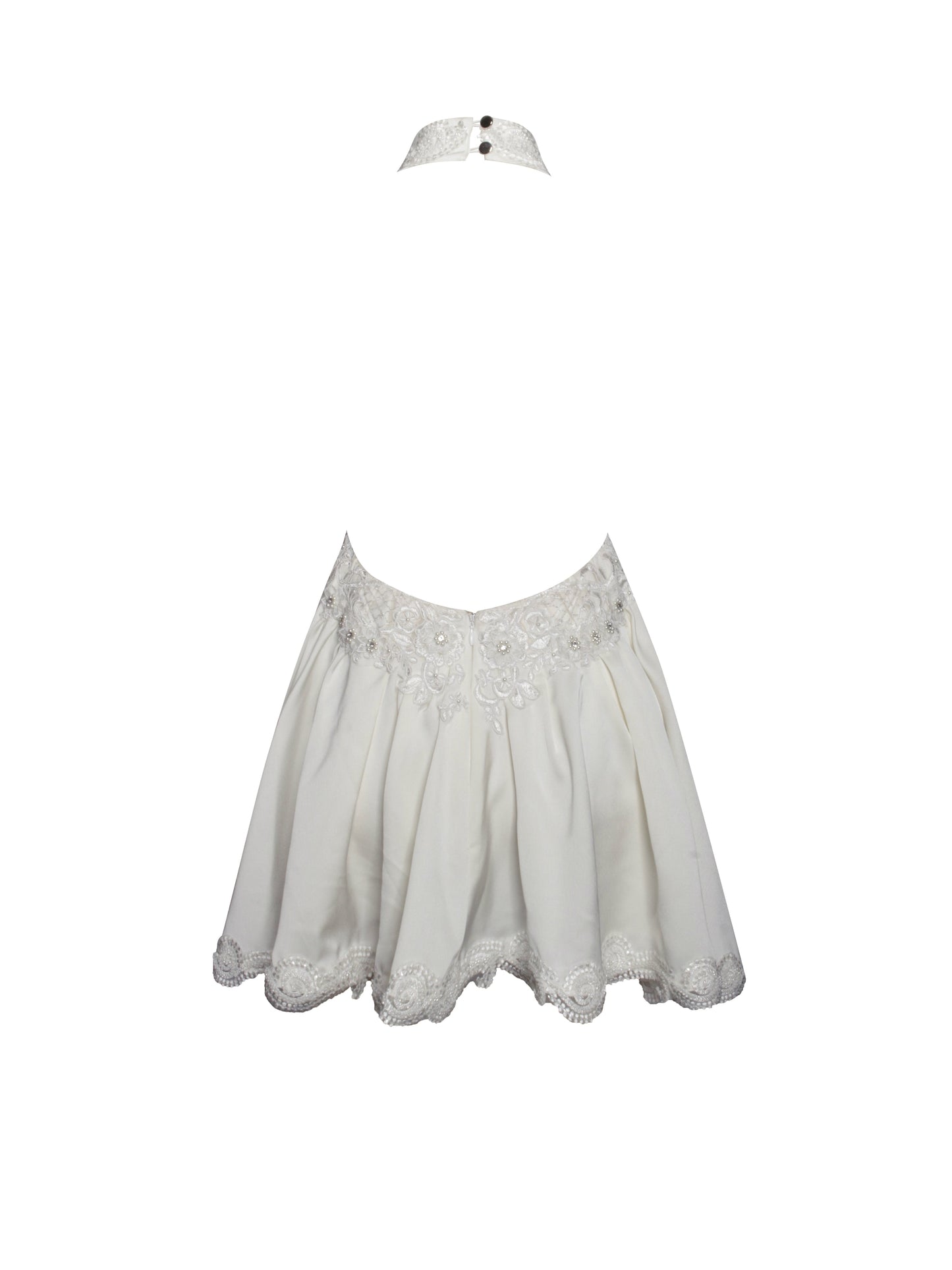 Idalia Pearl White Beaded Lace Trim Backless Halter Mini Dress