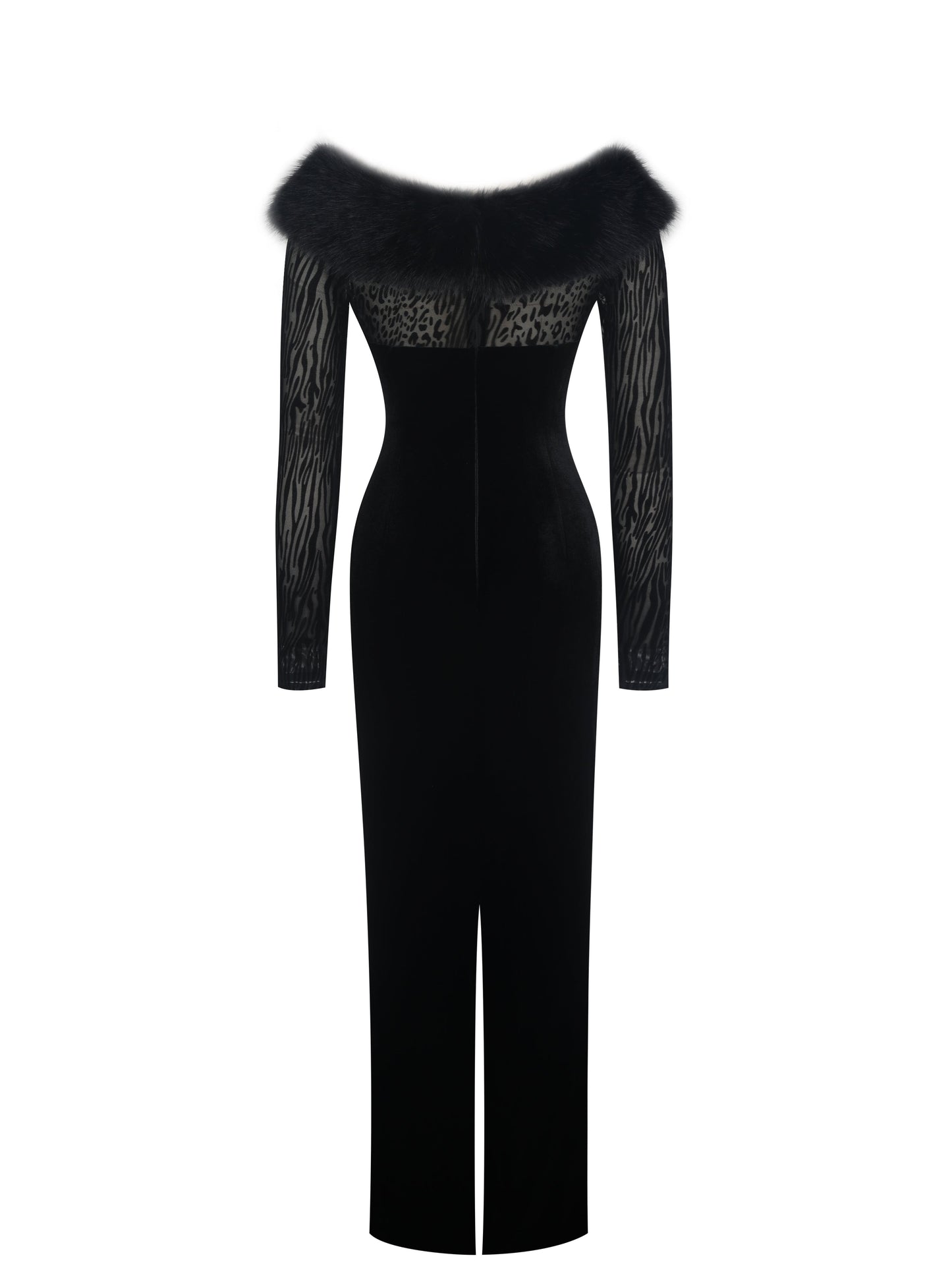 Alexis Black Velvet Animal Print Fur Boatneck Maxi Dress
