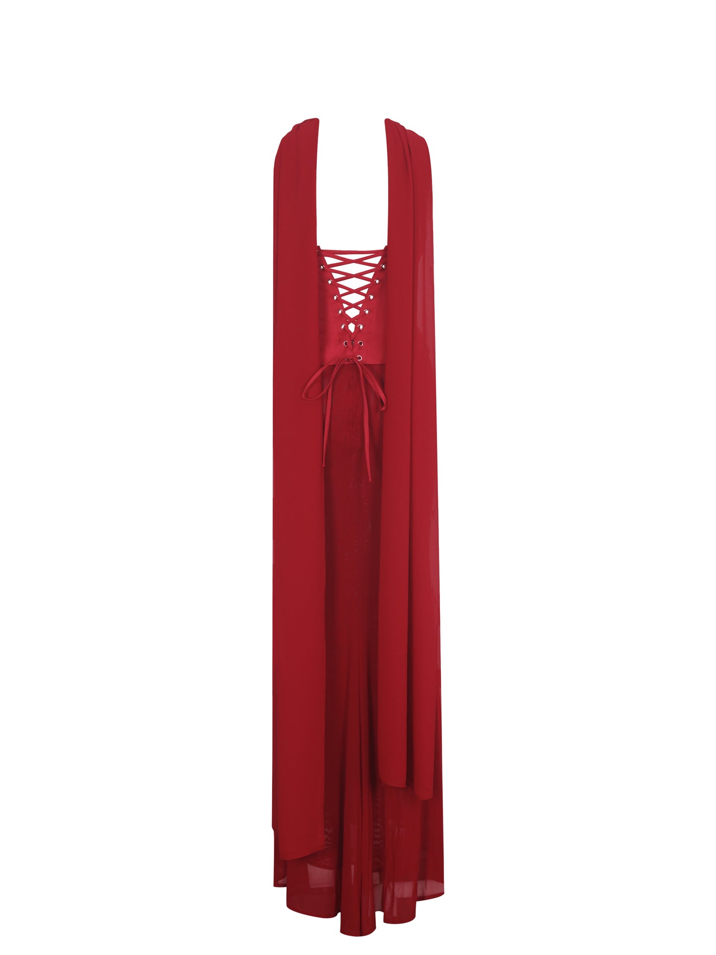 Giselle Crimson Peplum Mermaid Gown with Chiffon Scarf
