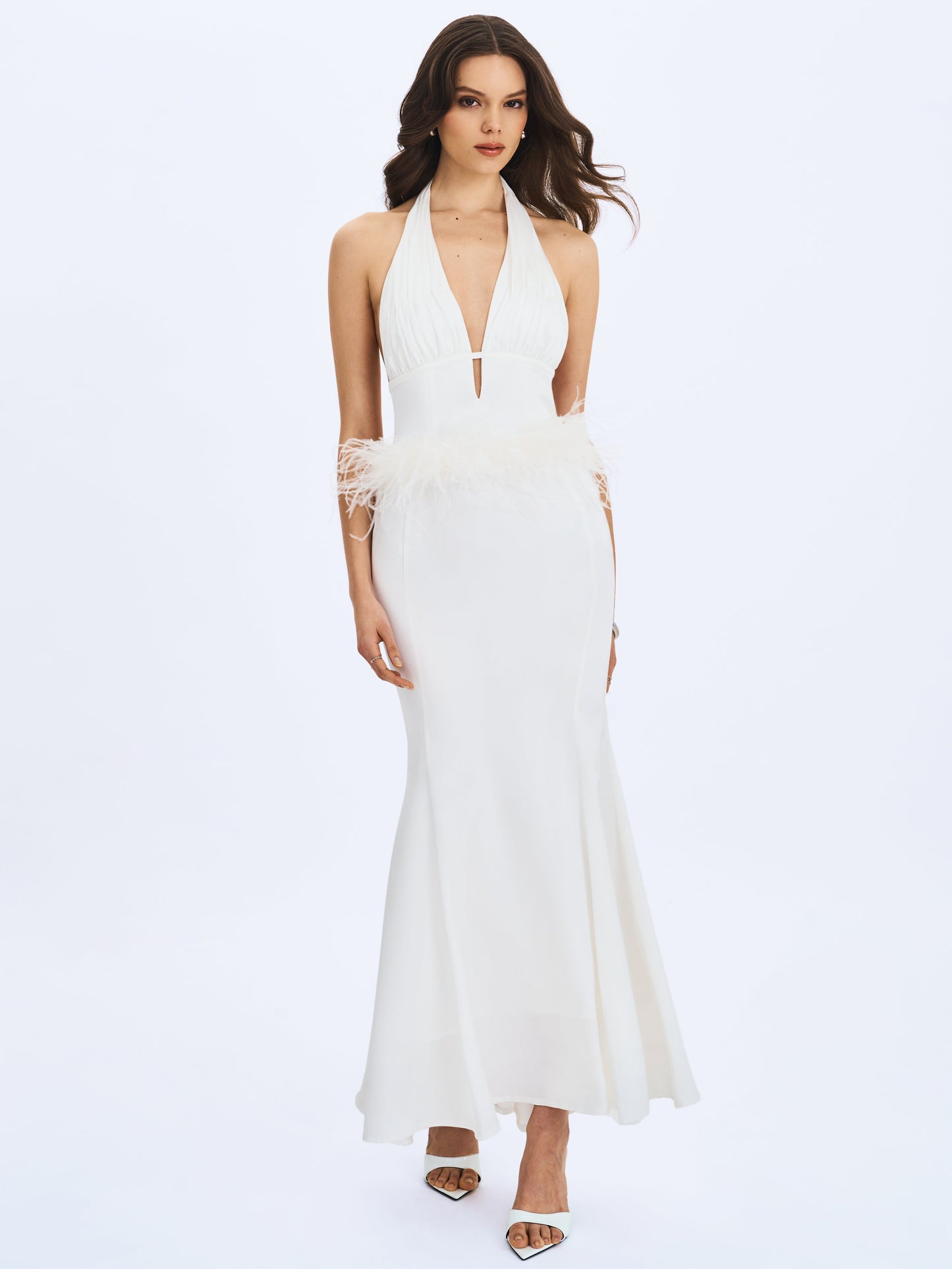 Solene Pleated Halter Backless Feather-Trim Maxi Dress