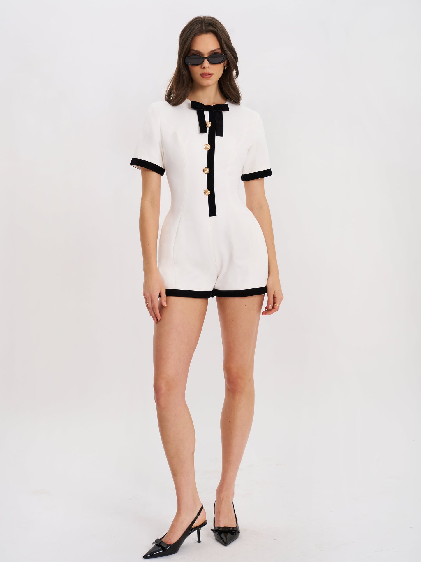 Idina Business Casual White Romper with Black Trim