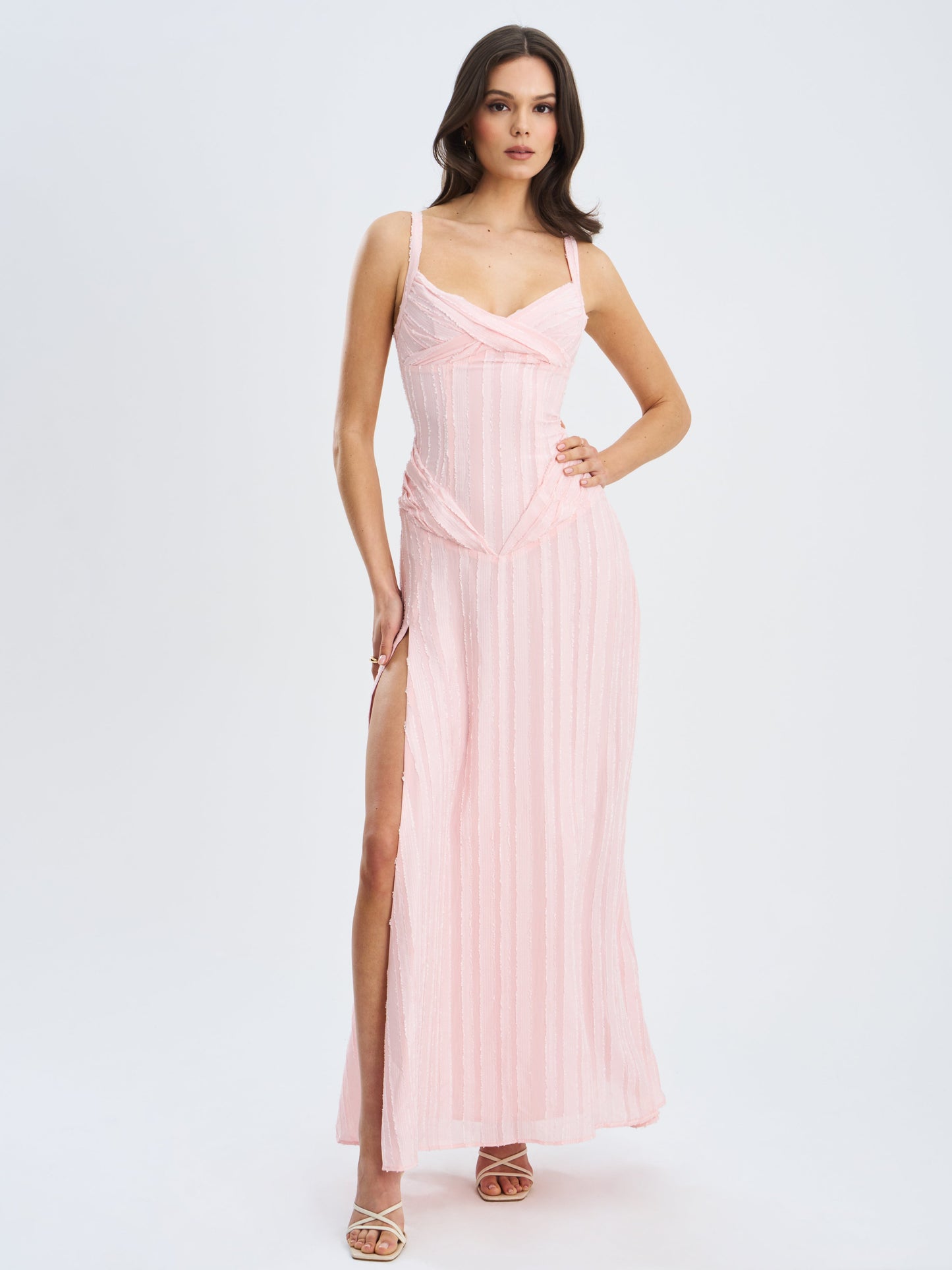 Mallory Baby Pink Stripe Jacquard High Slit Gown