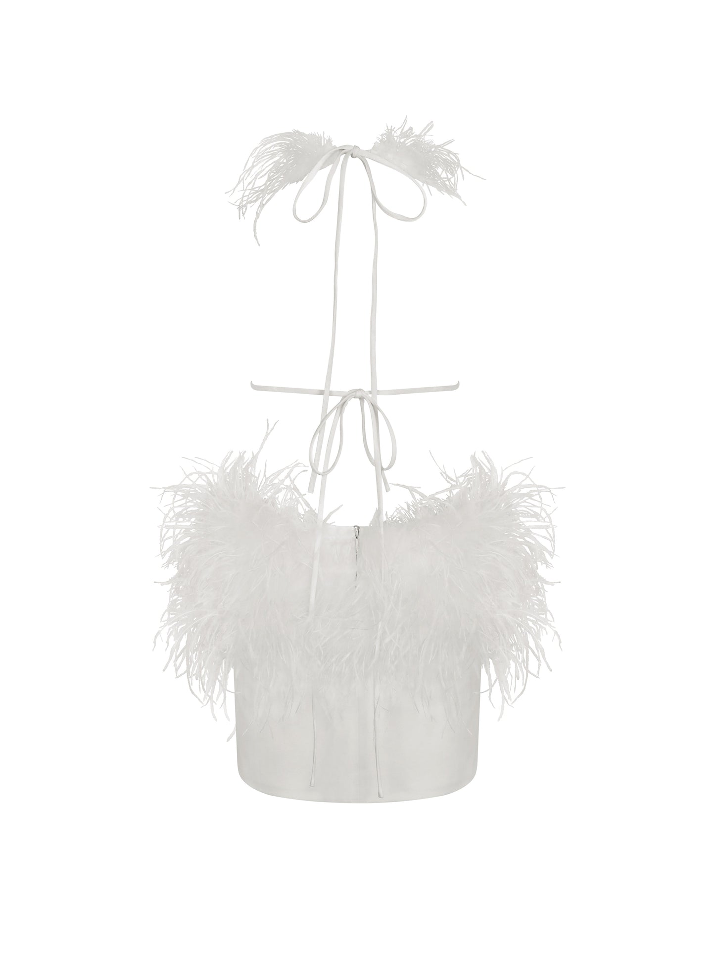 Quisten White Feathered Plunging Halter Mini Dress