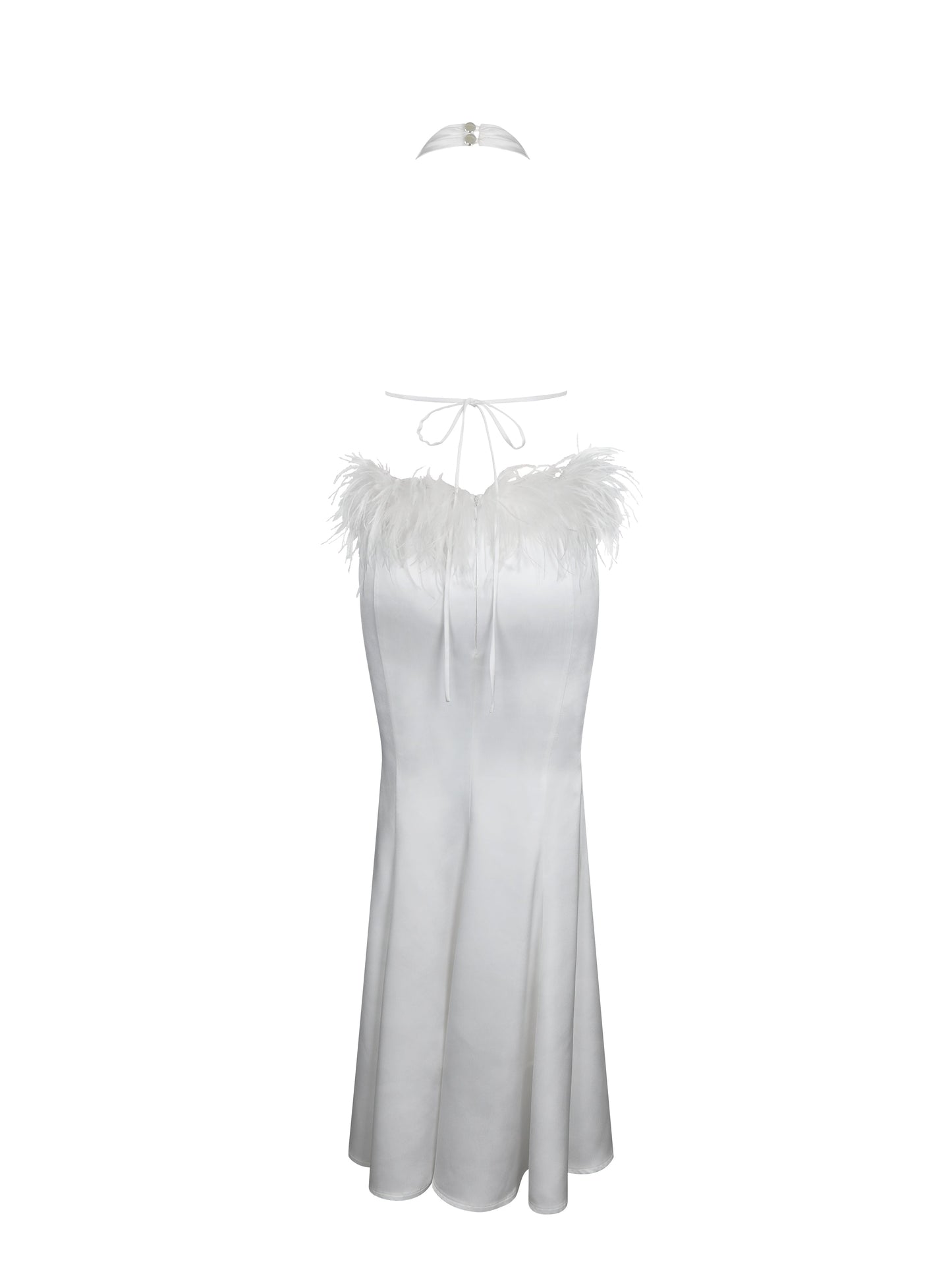 Solene Pleated Halter Backless Feather-Trim Maxi Dress