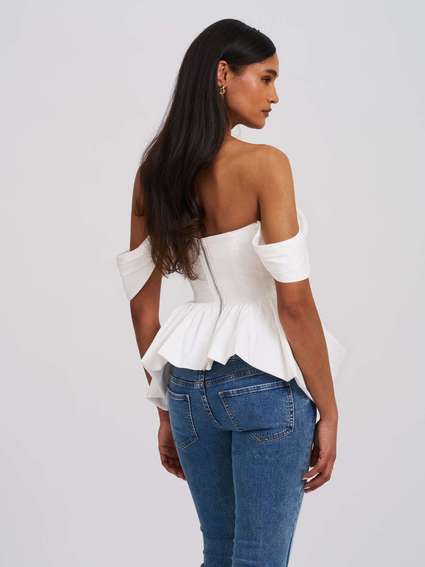 Qistina White Off-shoulder Bubble Hem Peplum Cotton Top