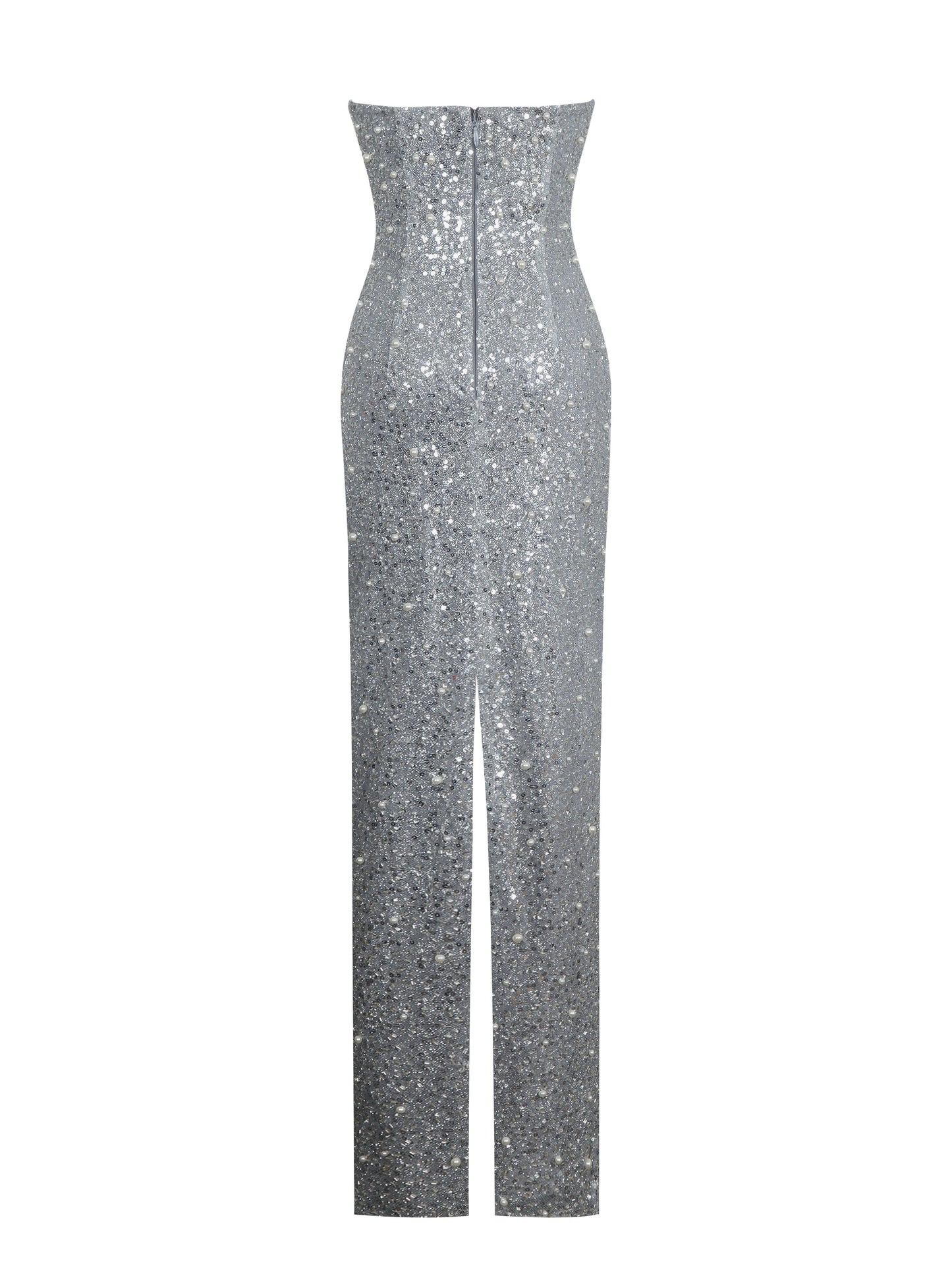 Noelle Silver Sequin Pearl-Embellished Sweetheart Maxi Dress