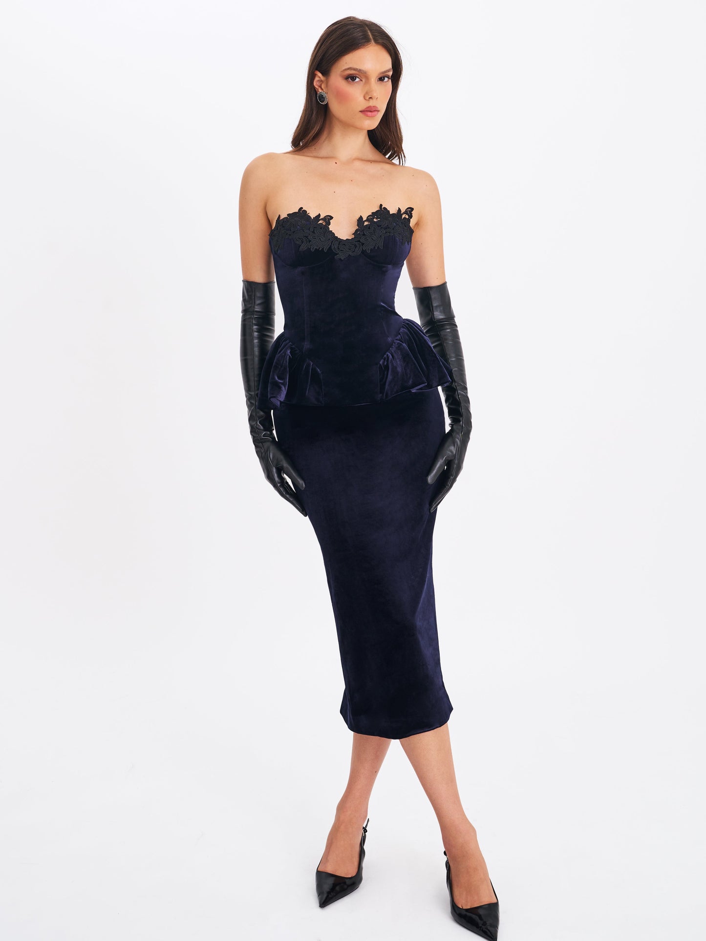 Pascha Black Lace Appliqué Strapless Peplum Midi Dress