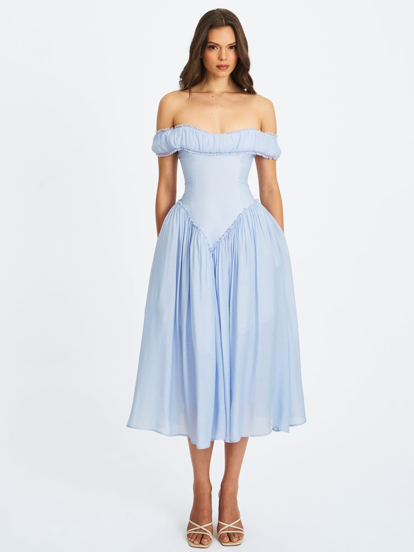 Xavy Baby Blue Off Shoulder Corset Midi Dress