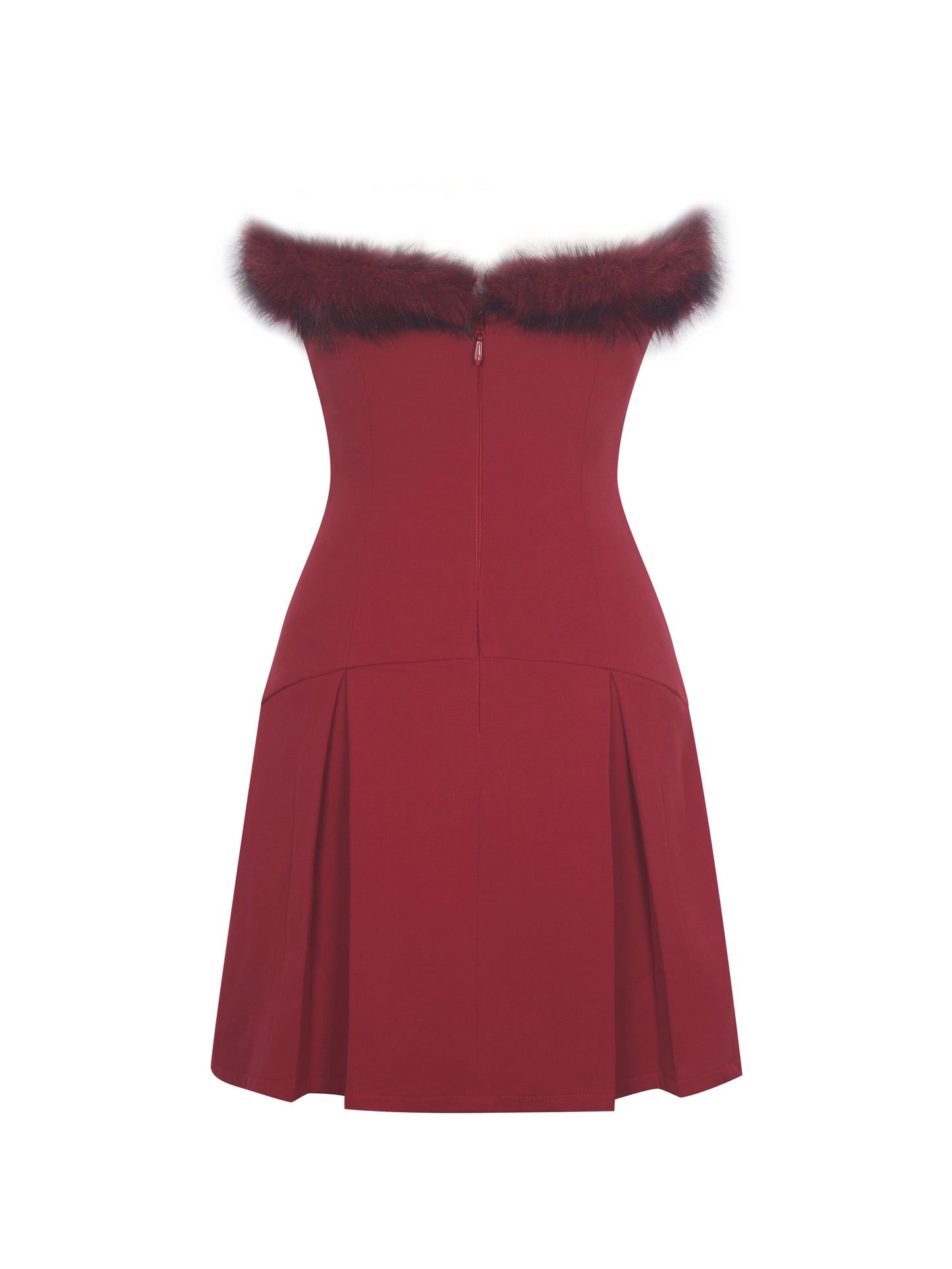 Nalia Crimson Fur Trimmed Sweetheart Mini Dress