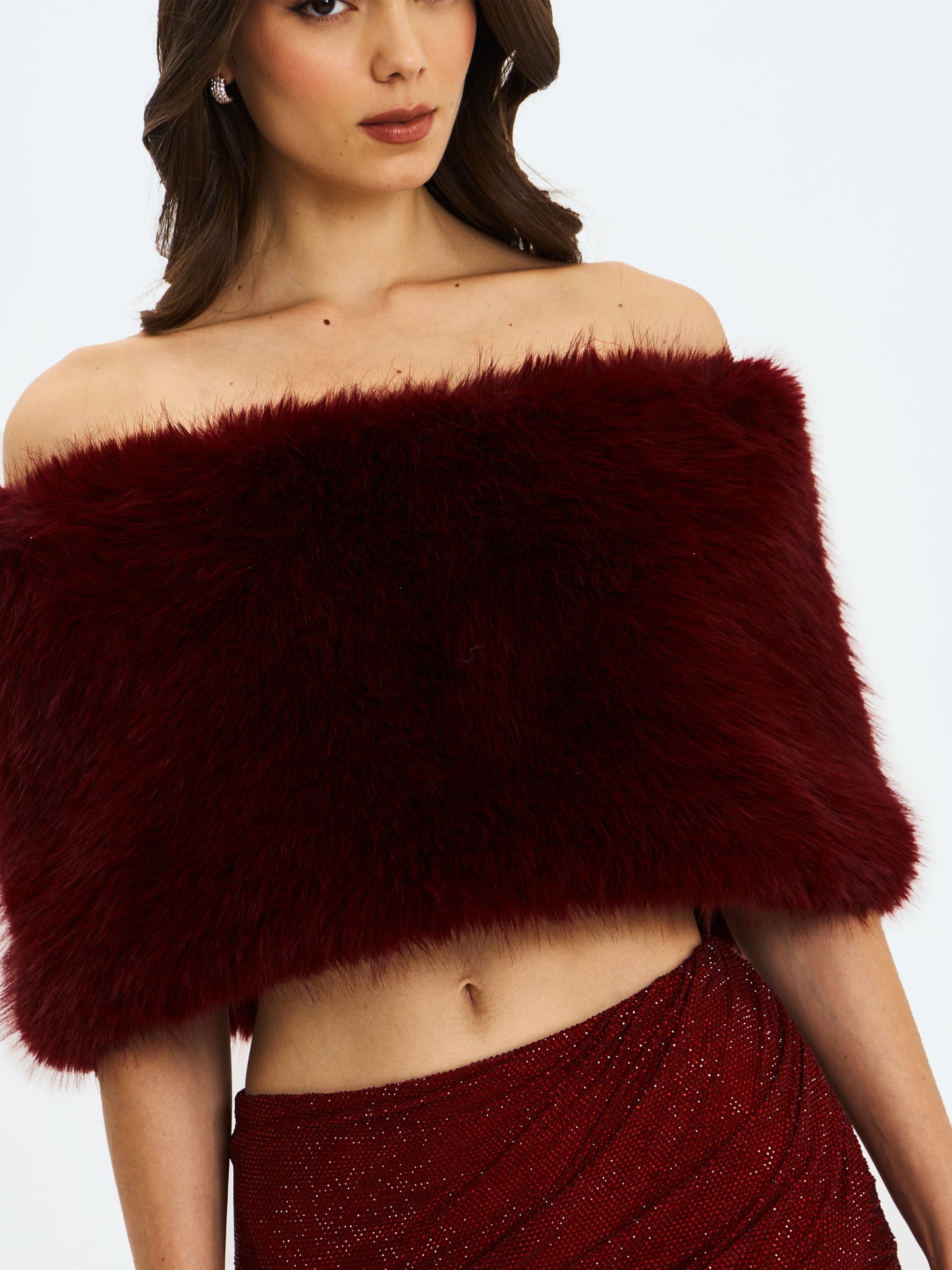 Darla Burgundy Faux Fur Off-Shoulder Cropped Top