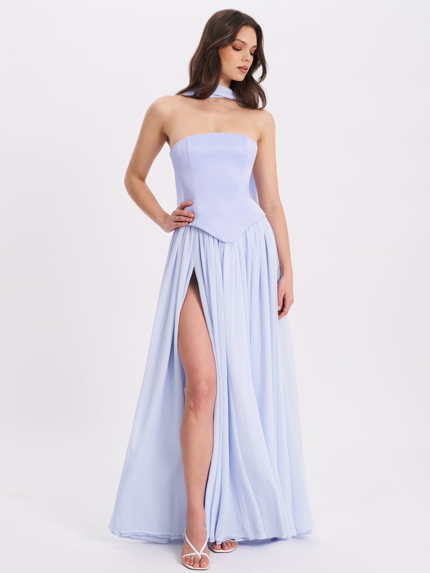 Qianna Baby Blue Peplum Drop Waist Chiffon Gown
