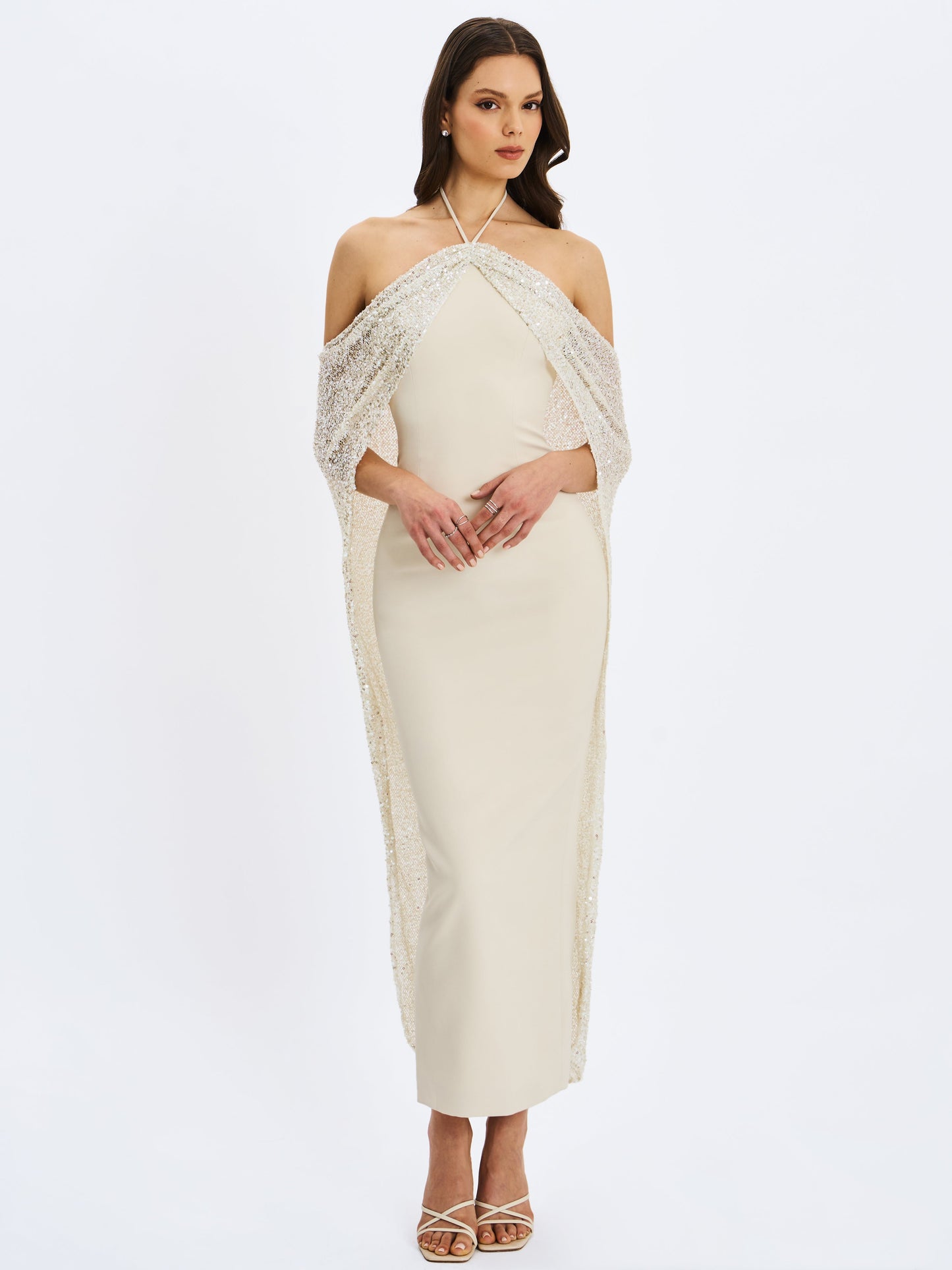 Quimera Almond Beaded Cape Halter Off-Shoulder Maxi Gown