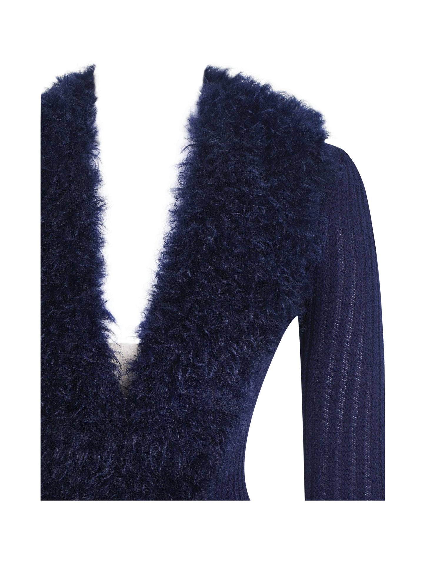 Romina Navy Plunging Fur Trimmed Crochet Maxi Dress