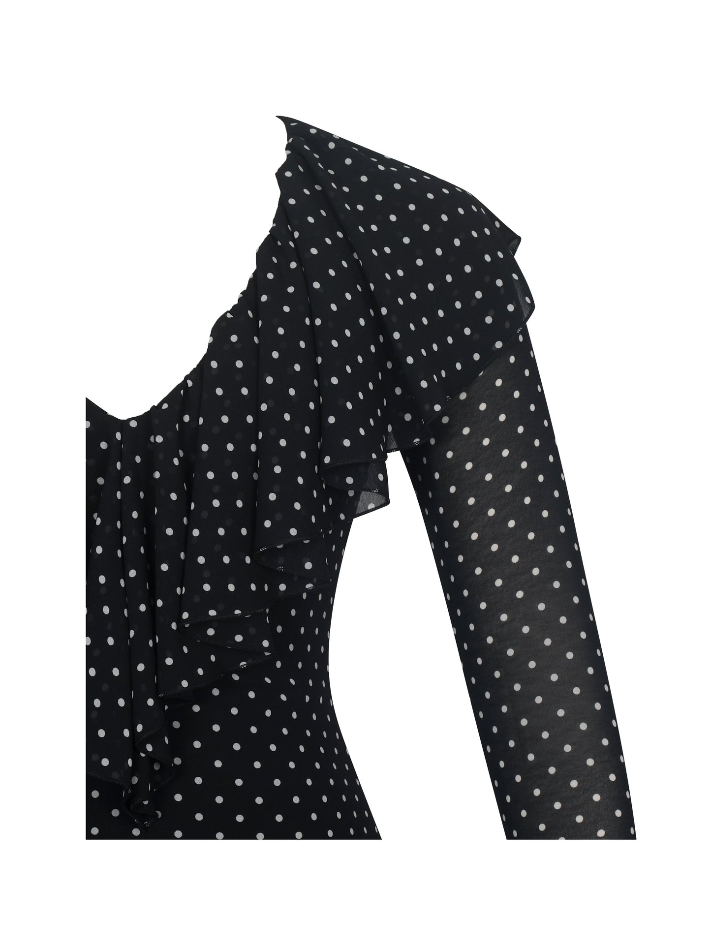 Omari Black Chiffon Polka Dot Ruffled Neckline Mini Dress