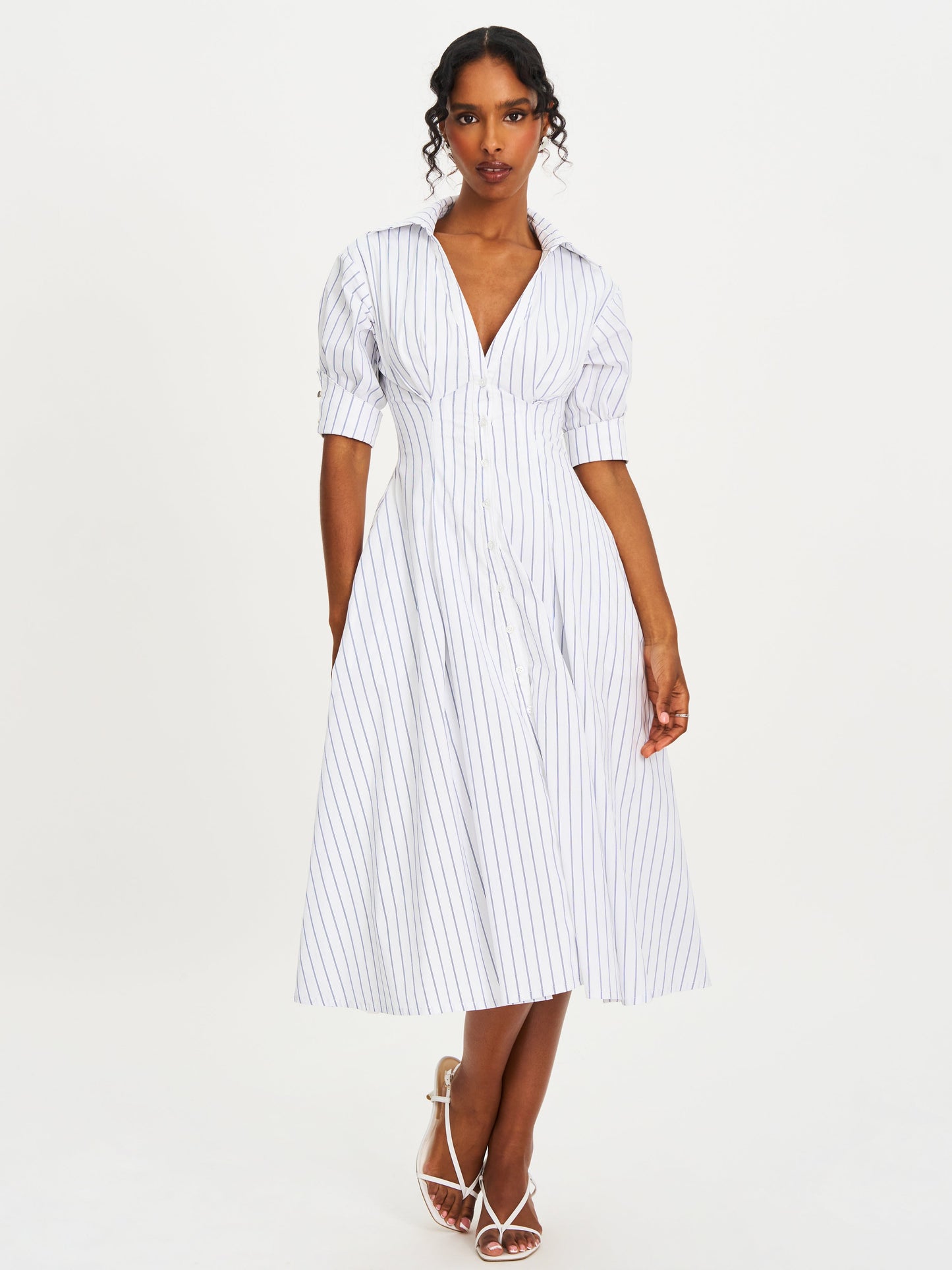 Palina Pinstripes Cotton Poplin Pleated Midi Preppy Shirt Dress