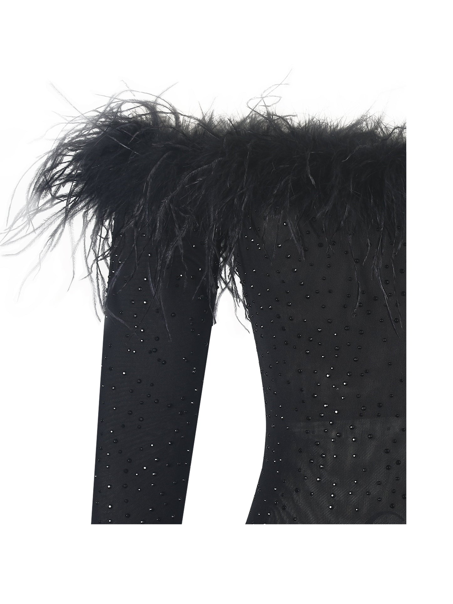 Emberly Black Fur Trimmed Off-Shoulder Rhinestone Mermaid Maxi Dress