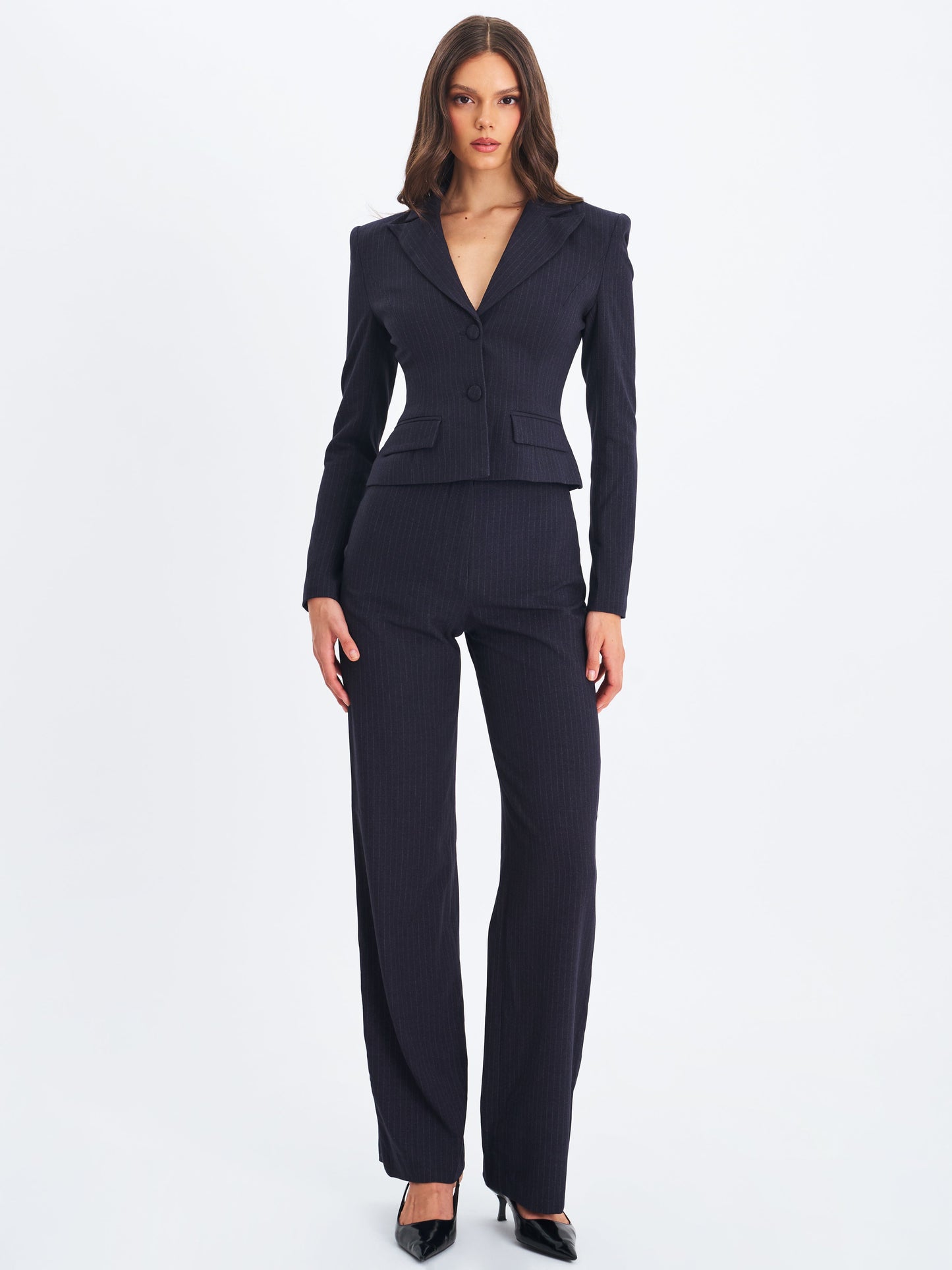 Quinne Navy Striped Single-Breasted Peplum Blazer