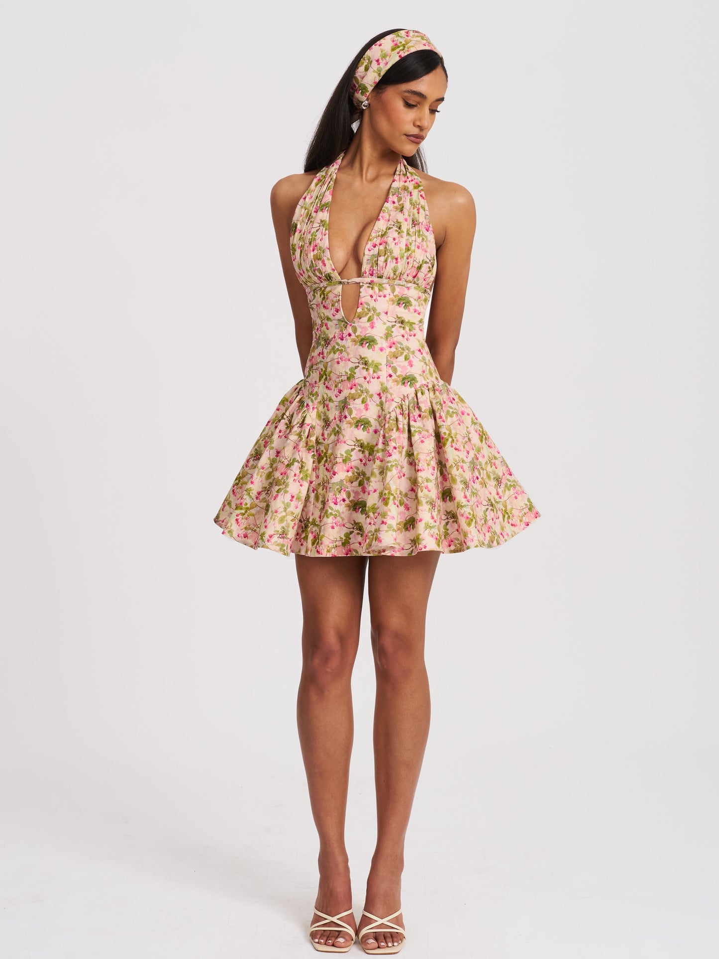 Mackenzie Green and Pink Floral Print Halter Linen Mini Dress