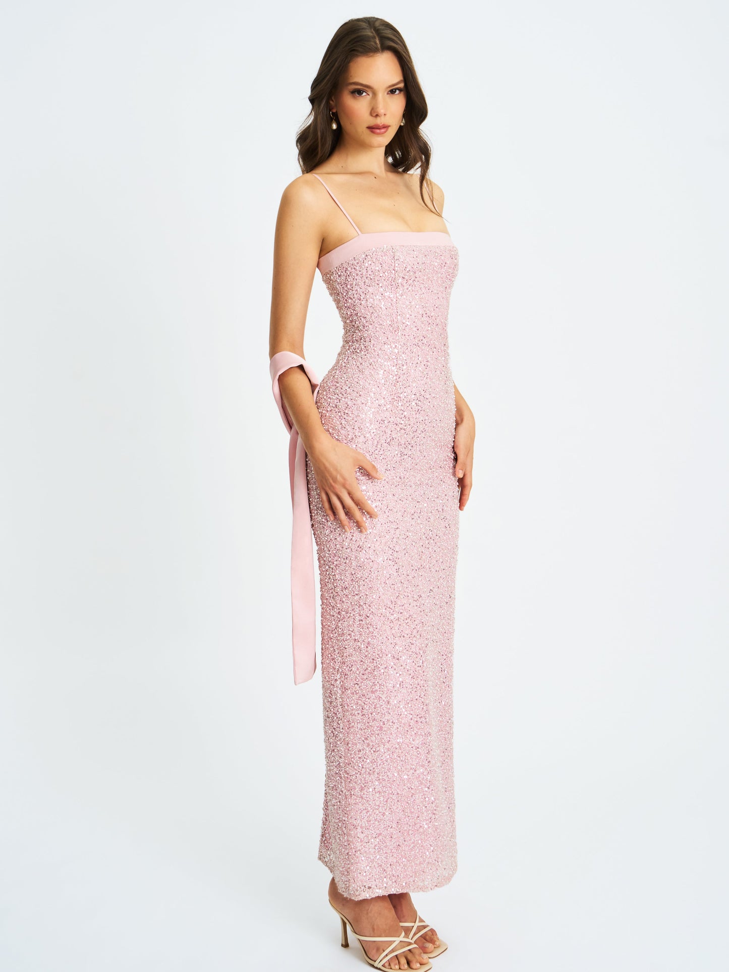 Raizel Pink Beaded Sequin Bodycon Gown with Scarf