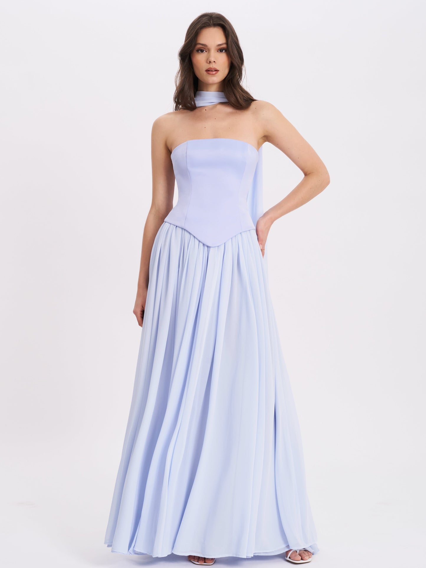 Qianna Baby Blue Peplum Drop Waist Chiffon Gown