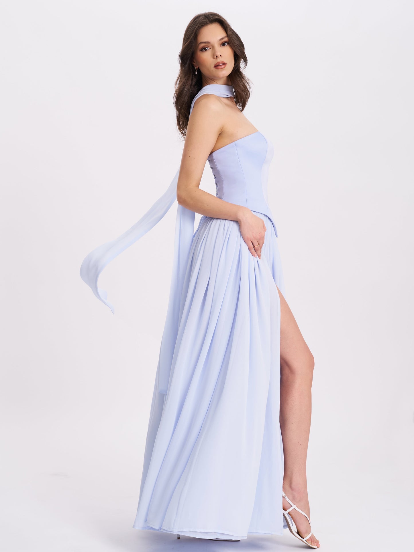 Qianna Baby Blue Peplum Drop Waist Chiffon Gown