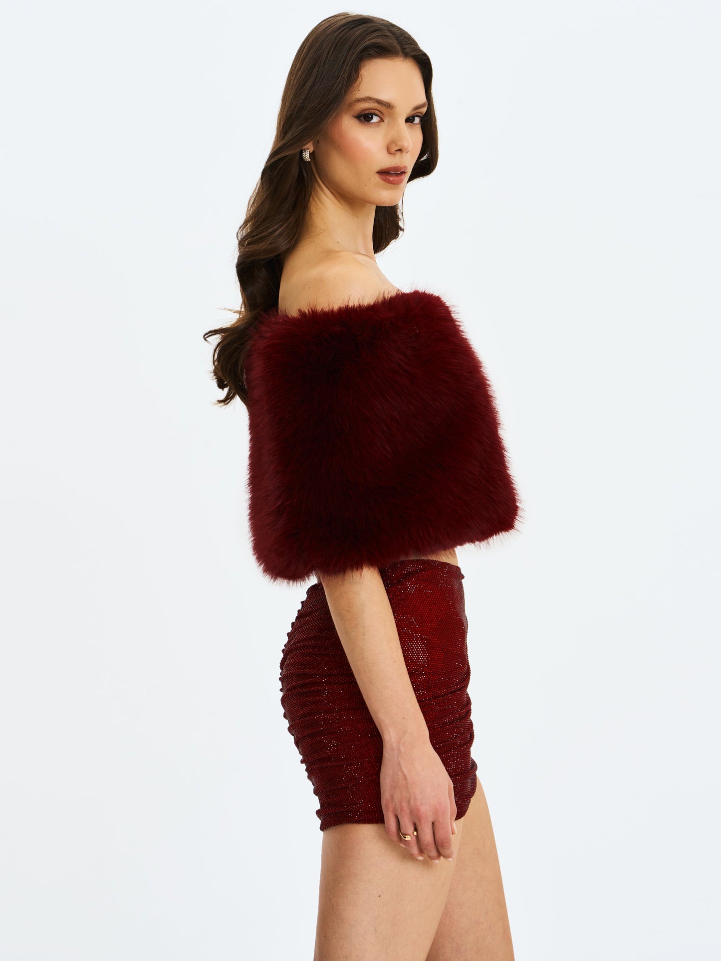 Darla Burgundy Faux Fur Off-Shoulder Cropped Top