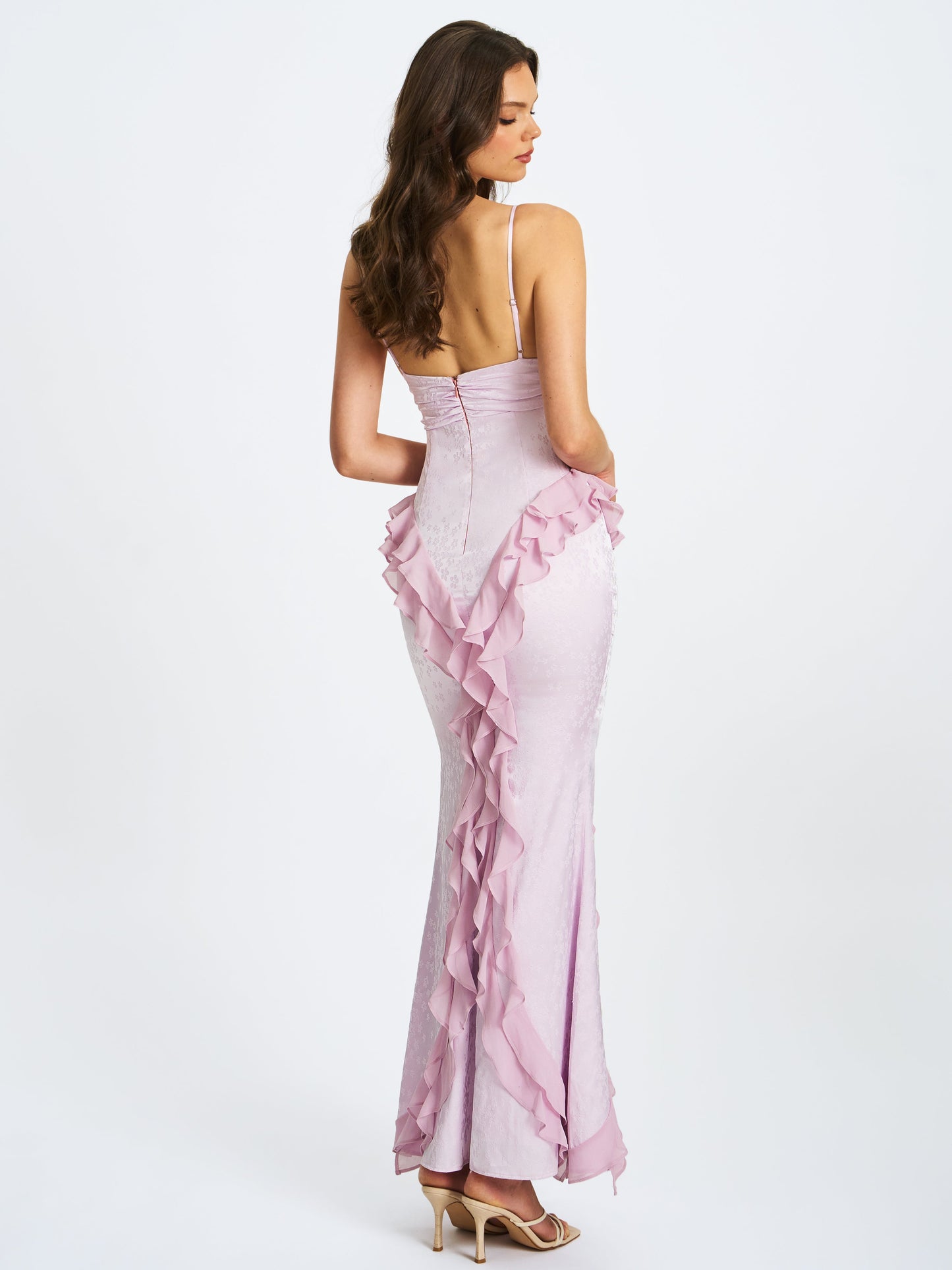 Paolina Taro Pink Jacquard Ruffle Mermaid Maxi Dress