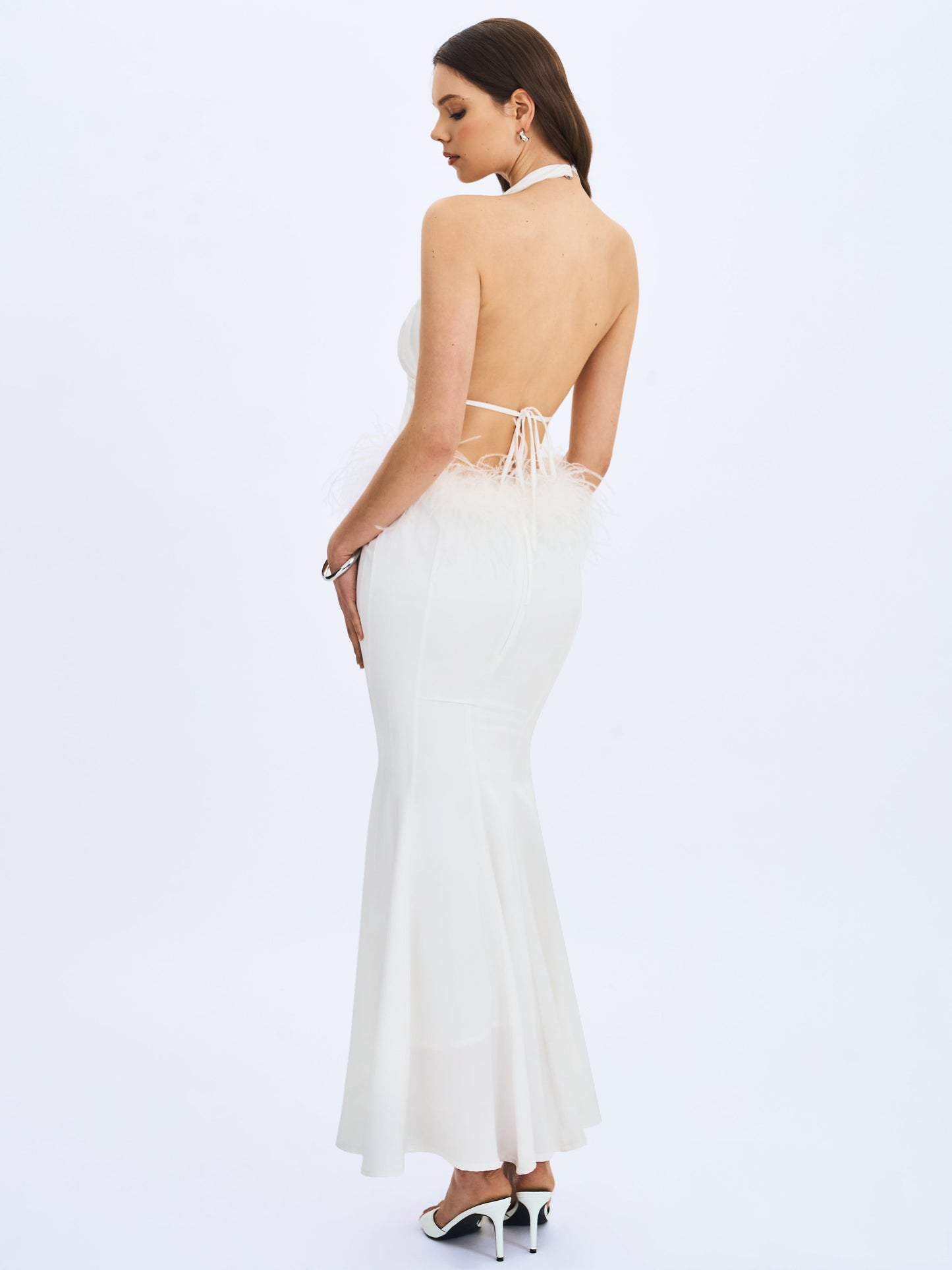 Solene Pleated Halter Backless Feather-Trim Maxi Dress
