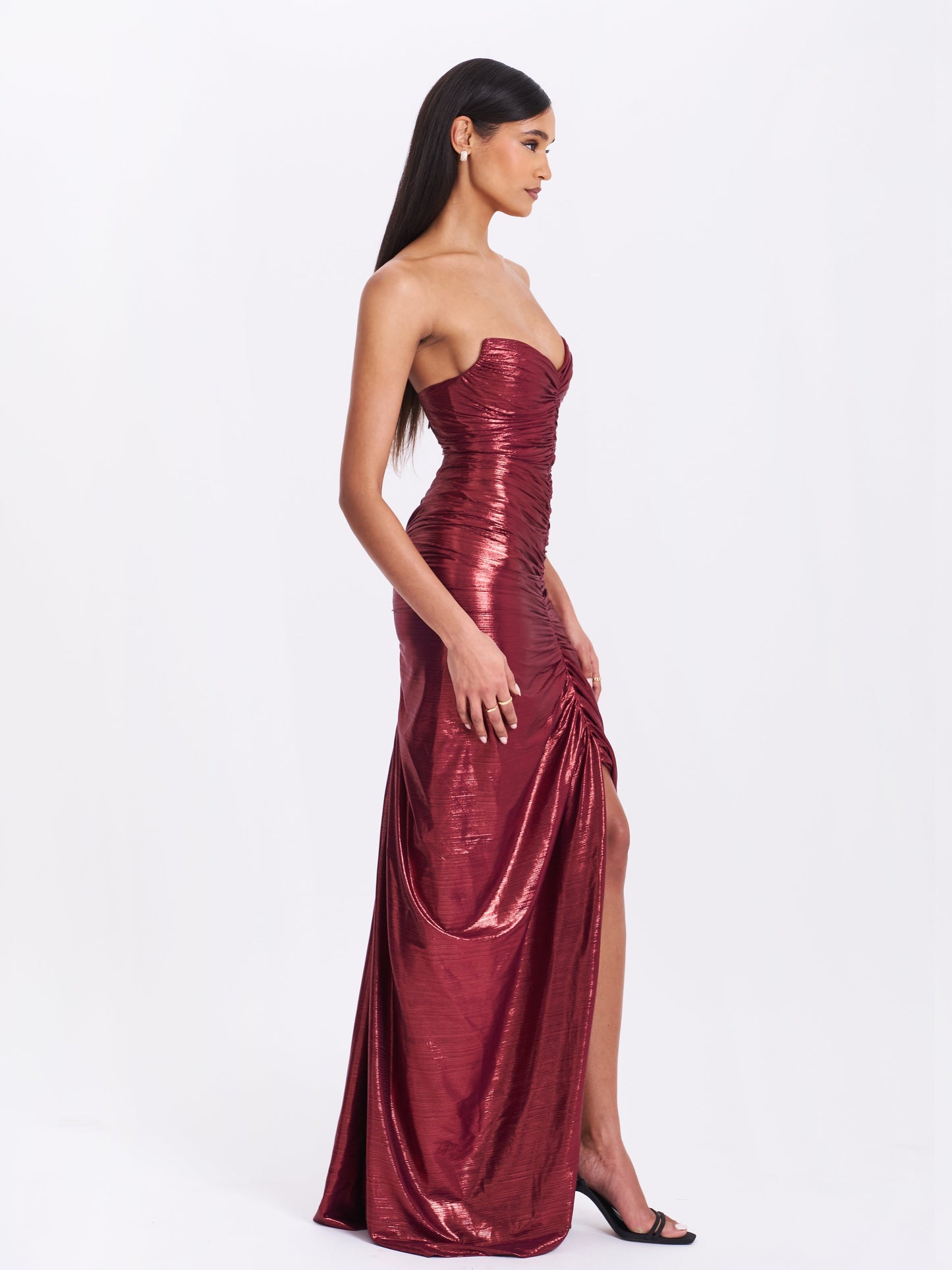 Sable Ruched Burgundy Glitter Mermaid Gown