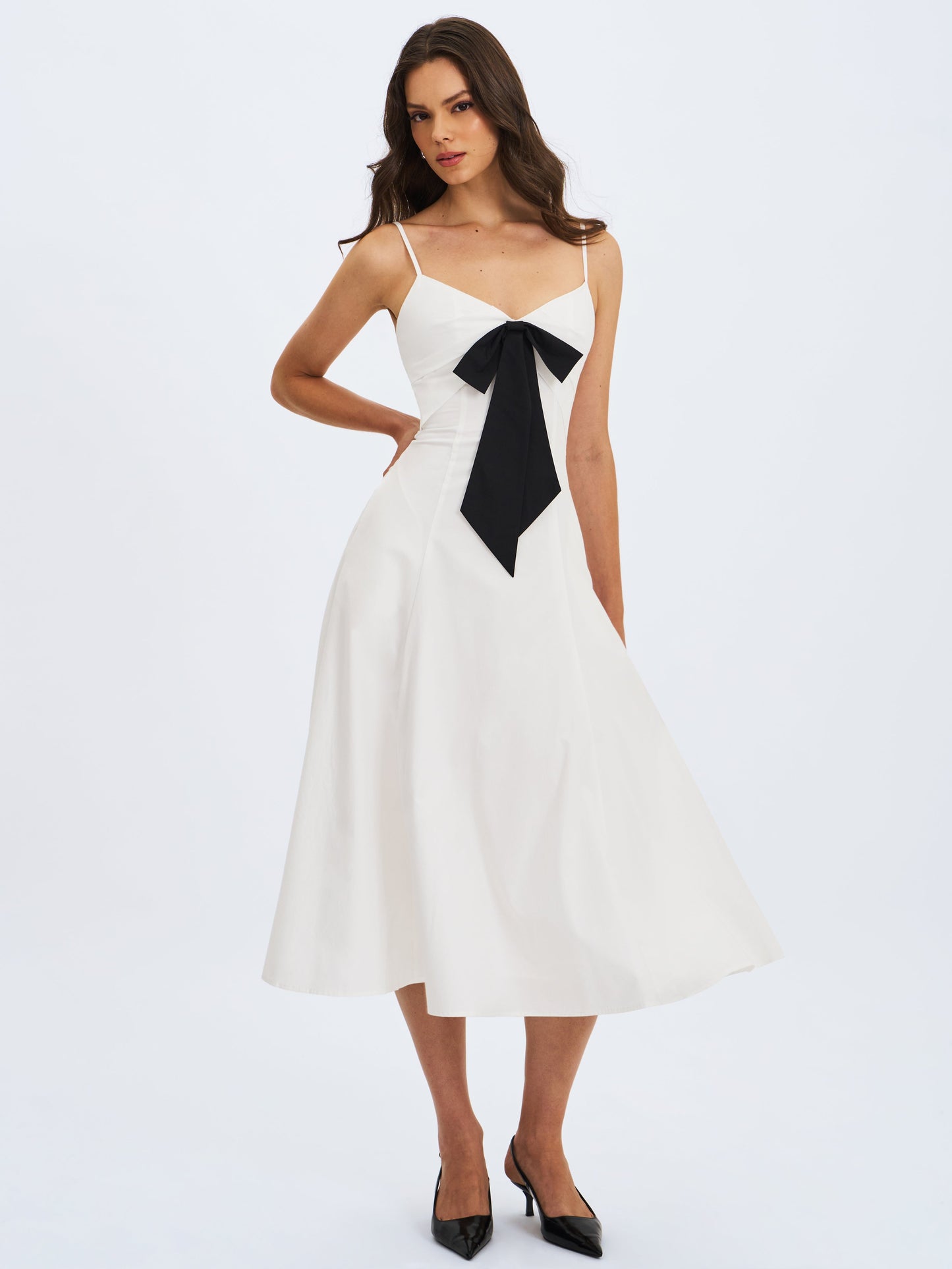 Corinne White Poplin Flared Midi Dress with Removable Bow