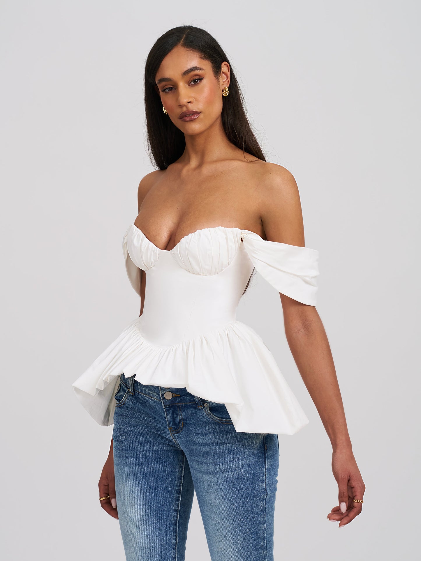 Qistina White Off-shoulder Bubble Hem Peplum Cotton Top