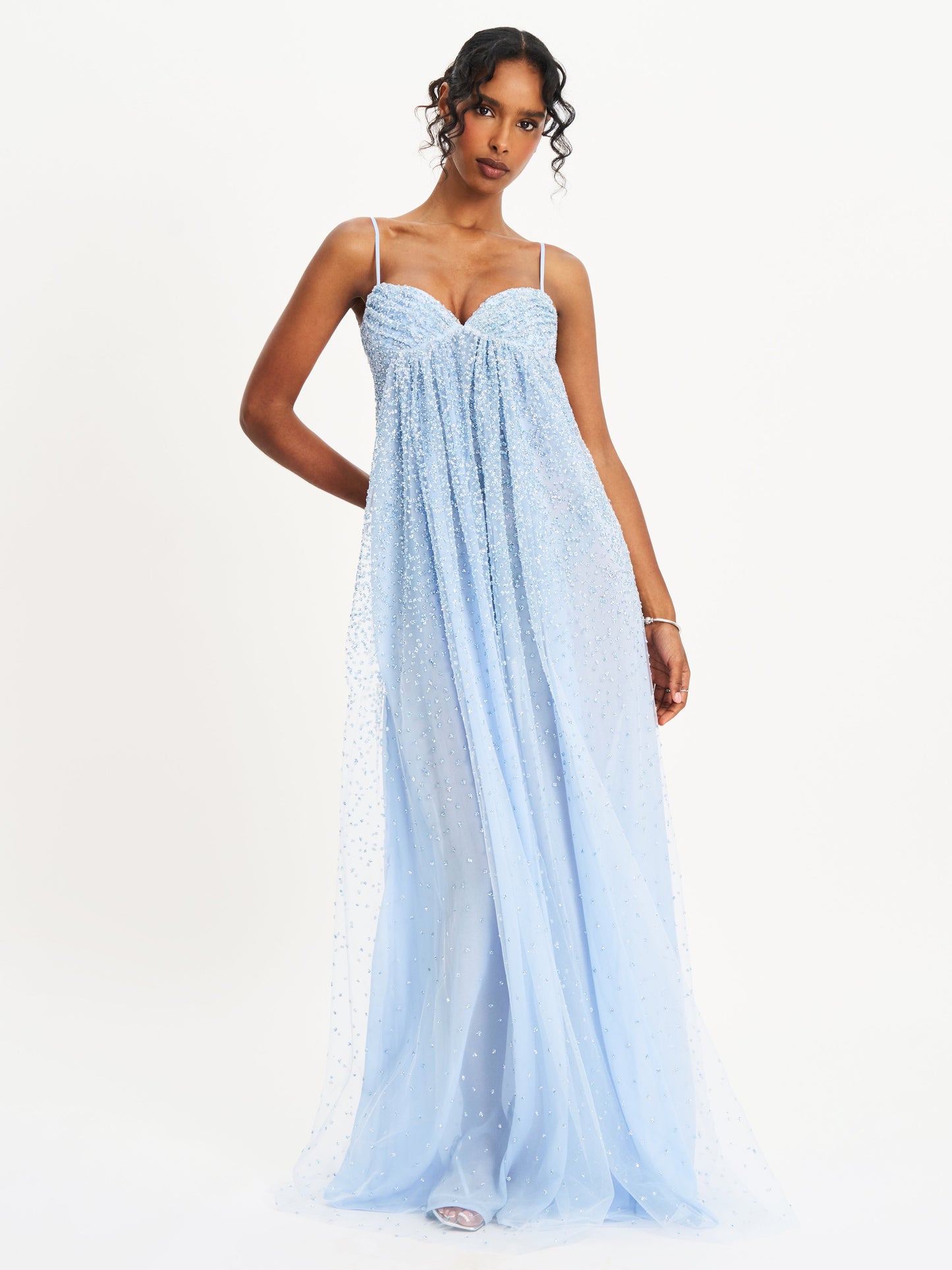 Wallie Baby Blue Rhinestone Embellished Mesh Backless Gown