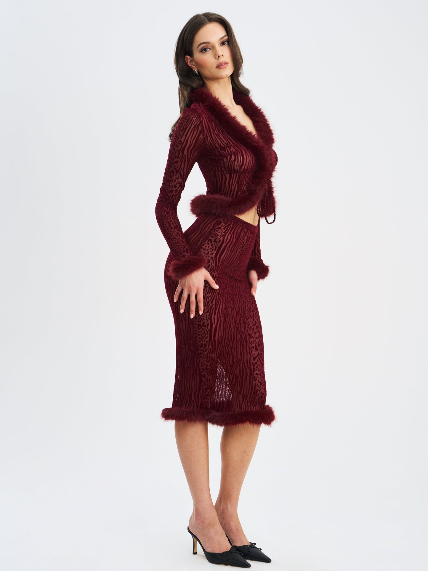 Halia Burgundy Animal Print Burnout Velvet Fur Trim Skirt
