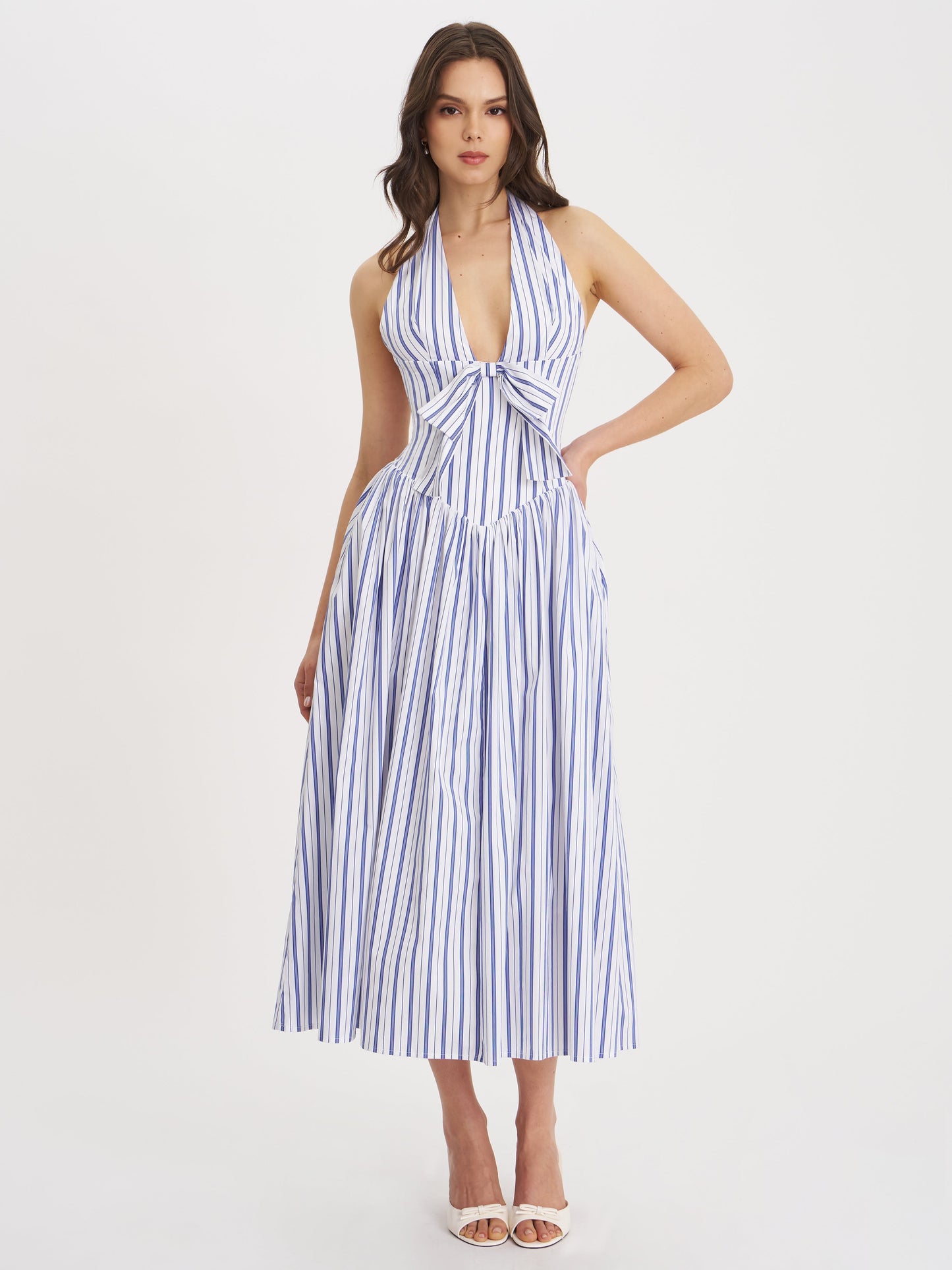 Mackenna Navy Stripe Halter Smock Back Maxi Dress