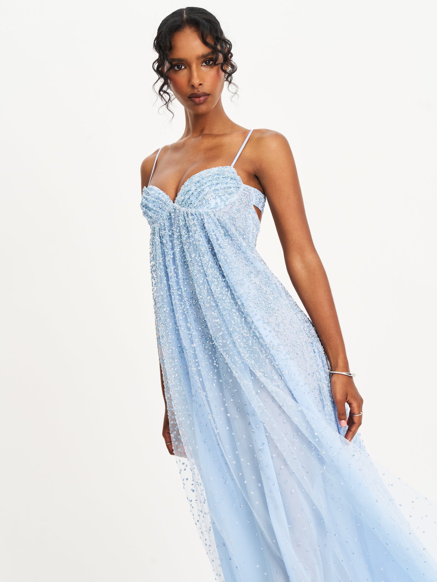 Wallie Baby Blue Rhinestone Embellished Mesh Backless Gown